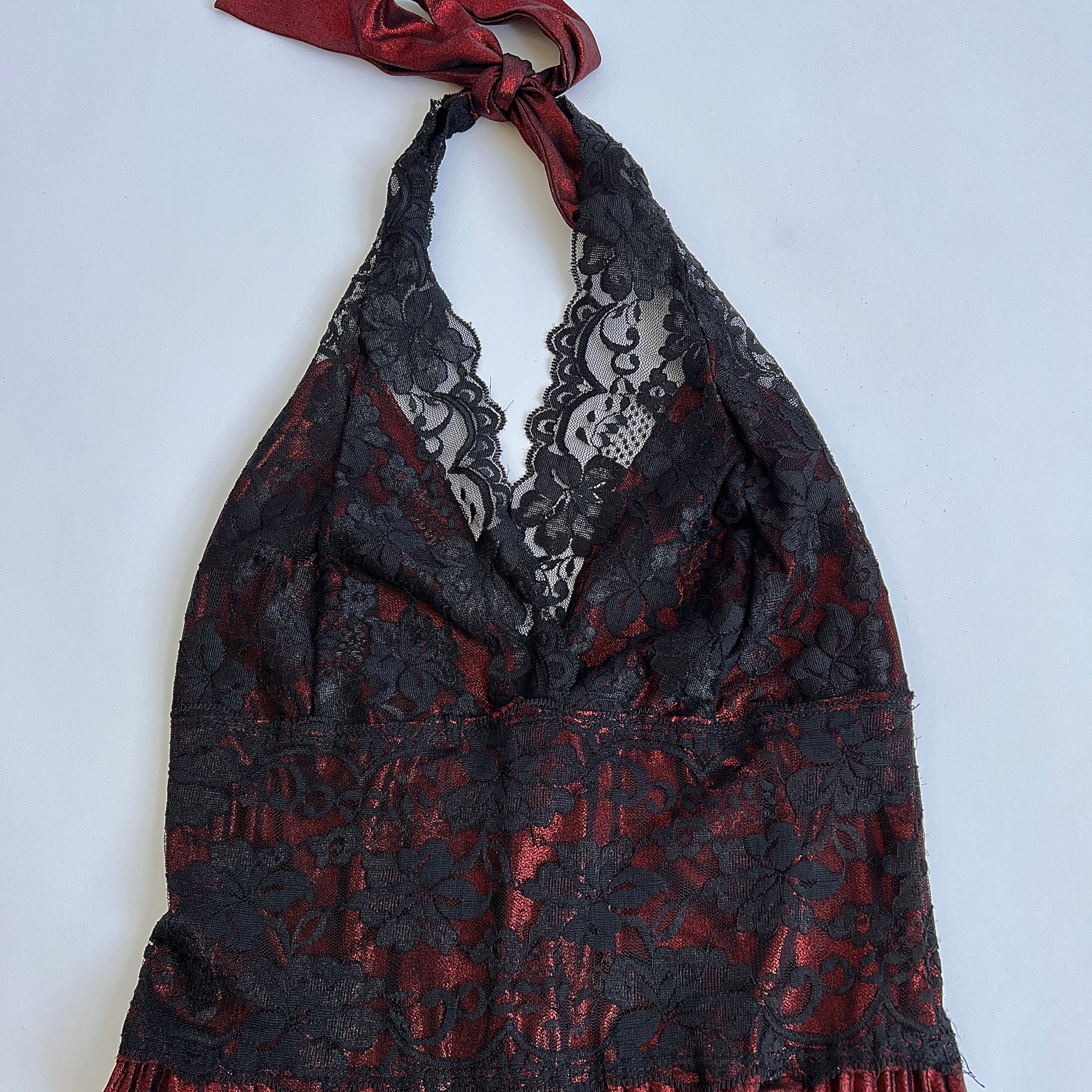 90s garnet & black lace pleated halter dress - S/M