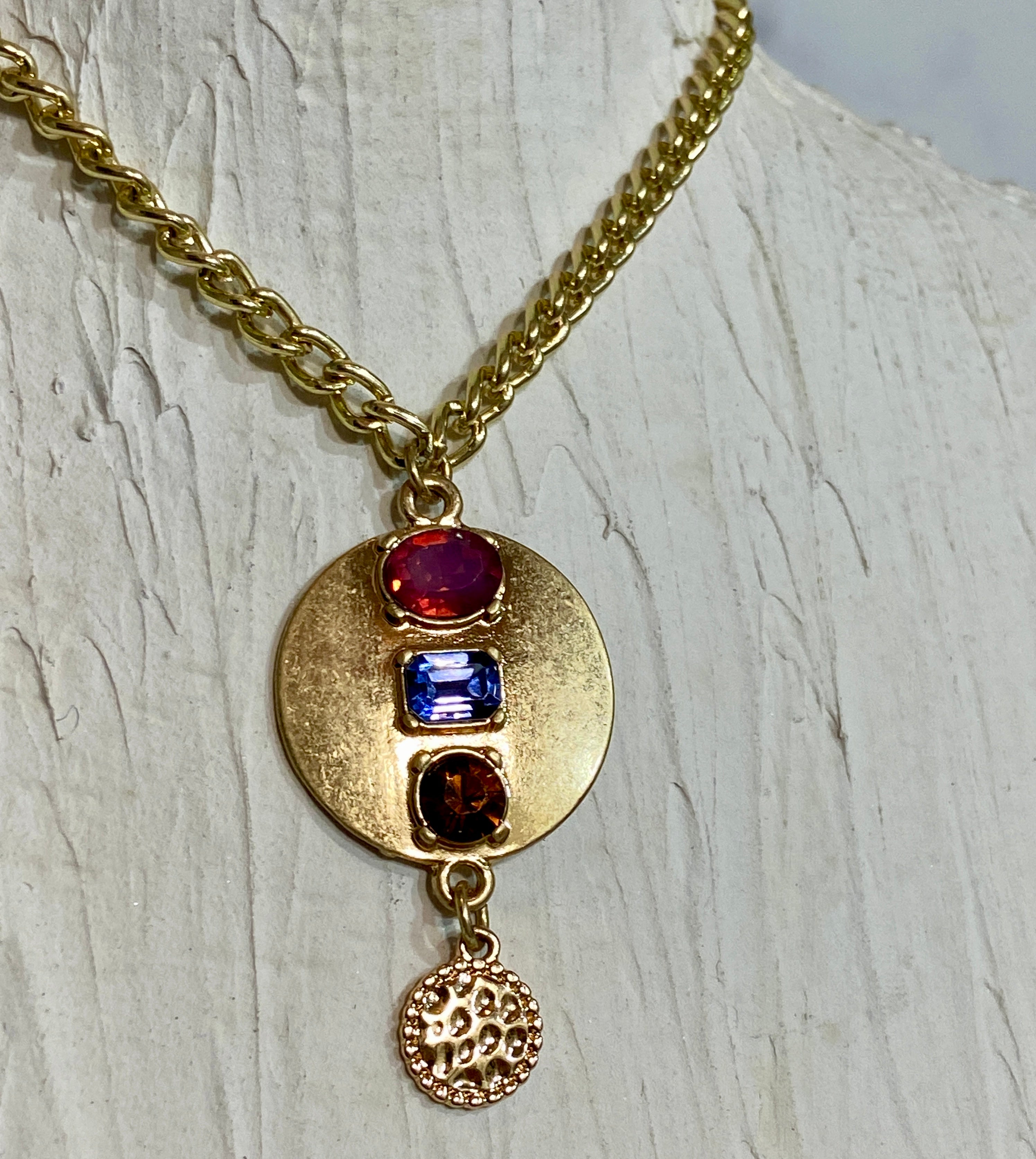 Large Pendant Necklace Multi-Colored Stones Various Shapes and Colors Faceted Glass Stones