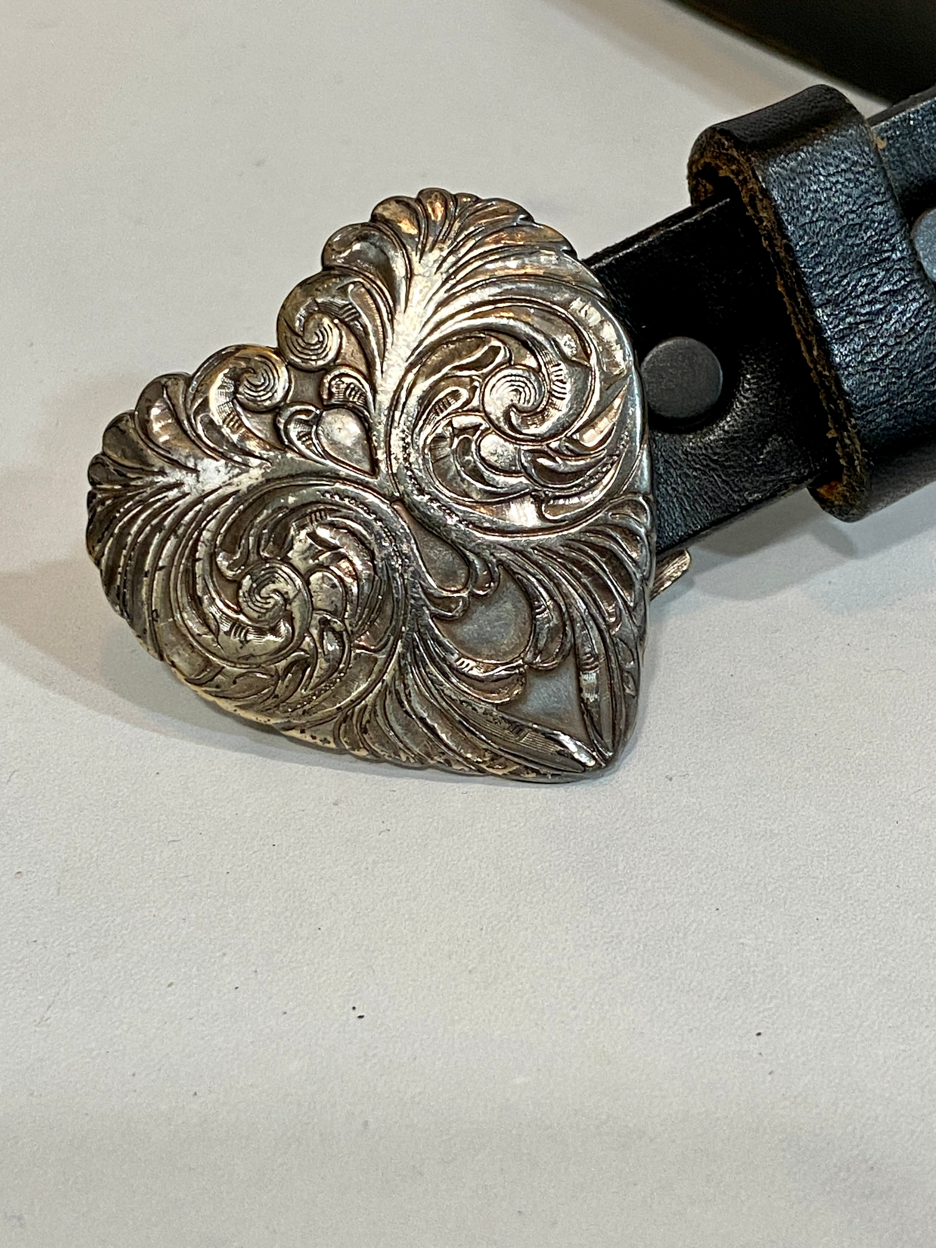 Vintage Engraved heart in black belt