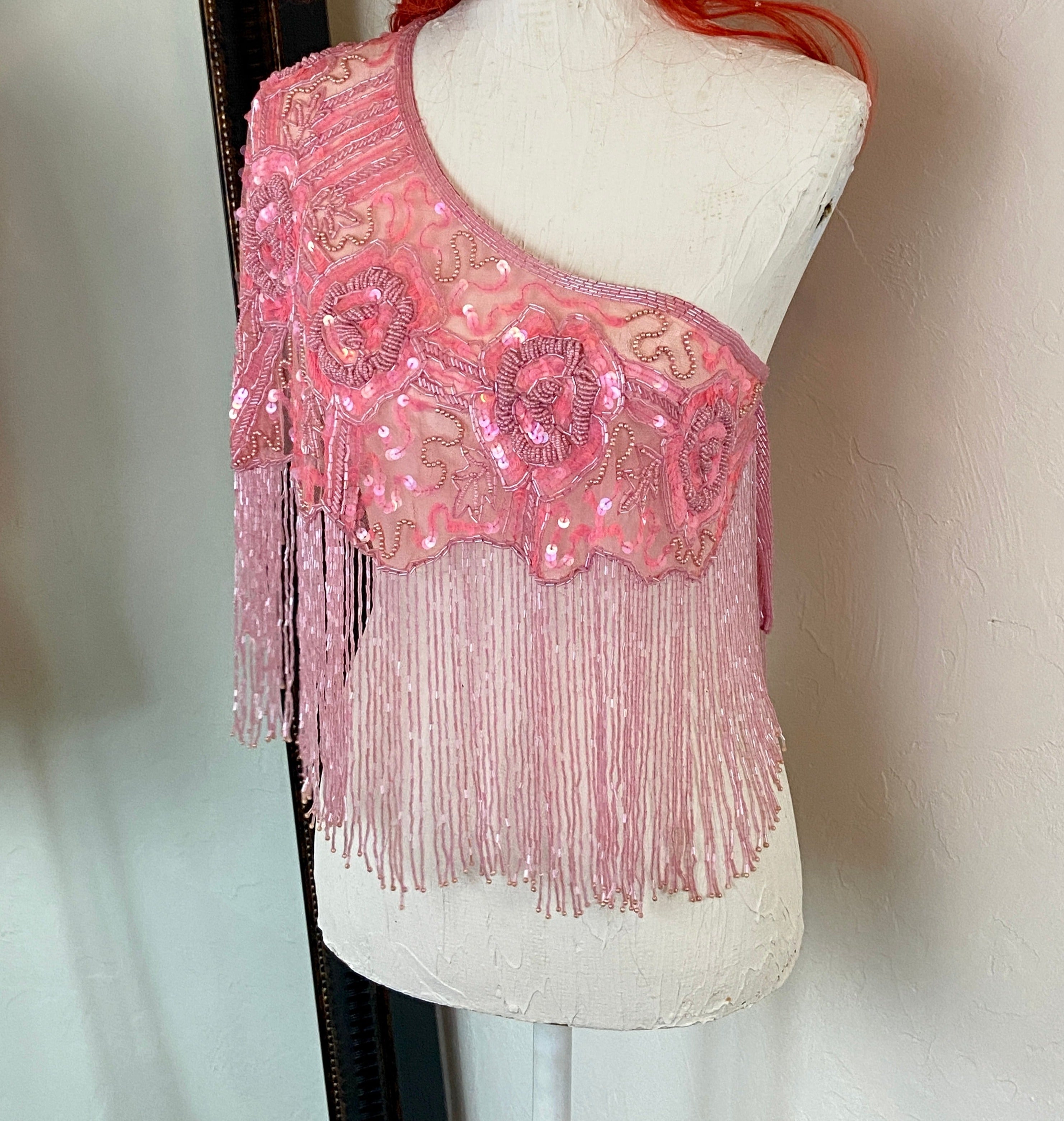 Pink Glass Beaded Fringe & Sequin Shrug