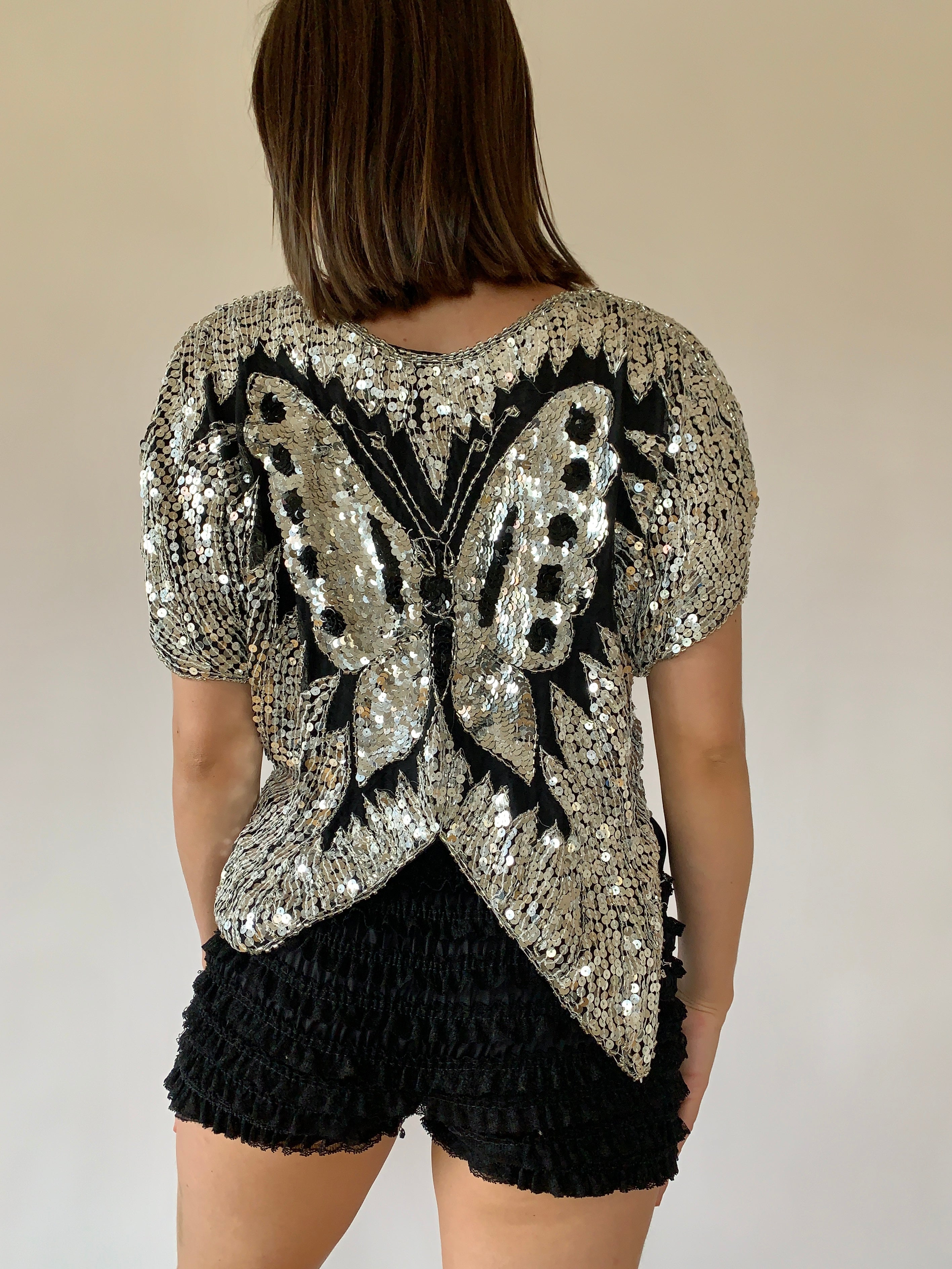 Vintage Butterfly Sequin Blouse - Small