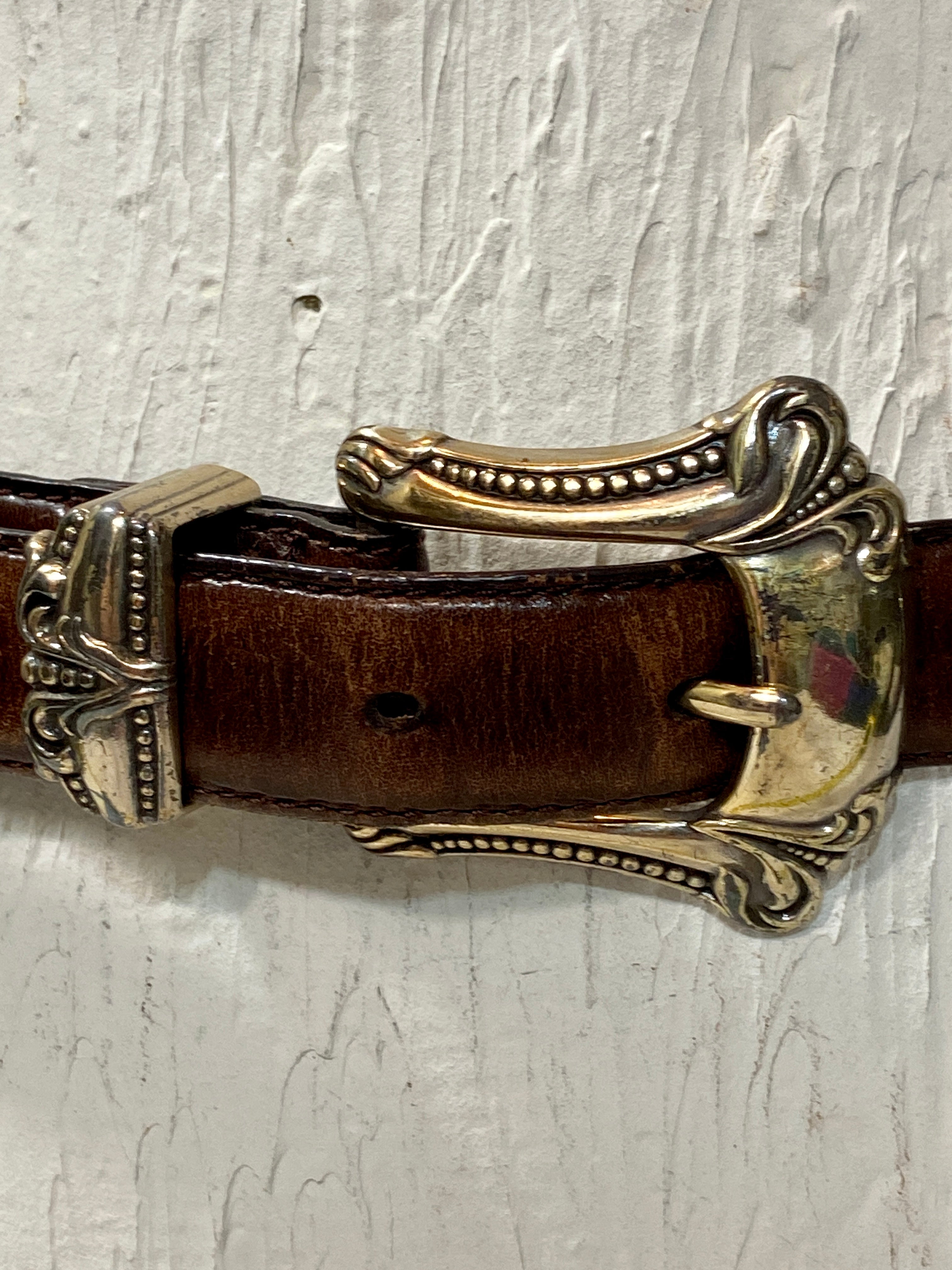Vintage Brown Leather Belt with Silver Medallions