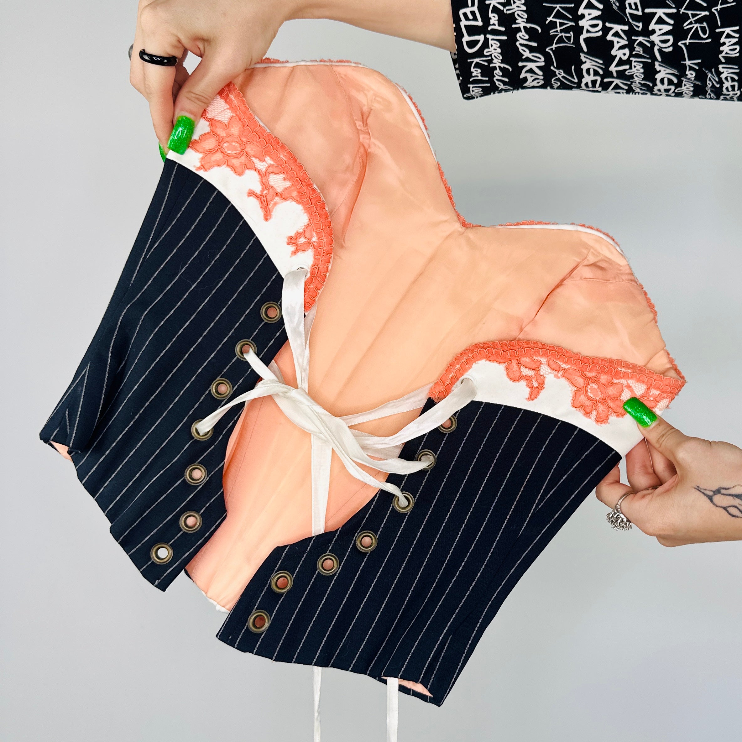 Handmade Pinstripe + Lace Corset