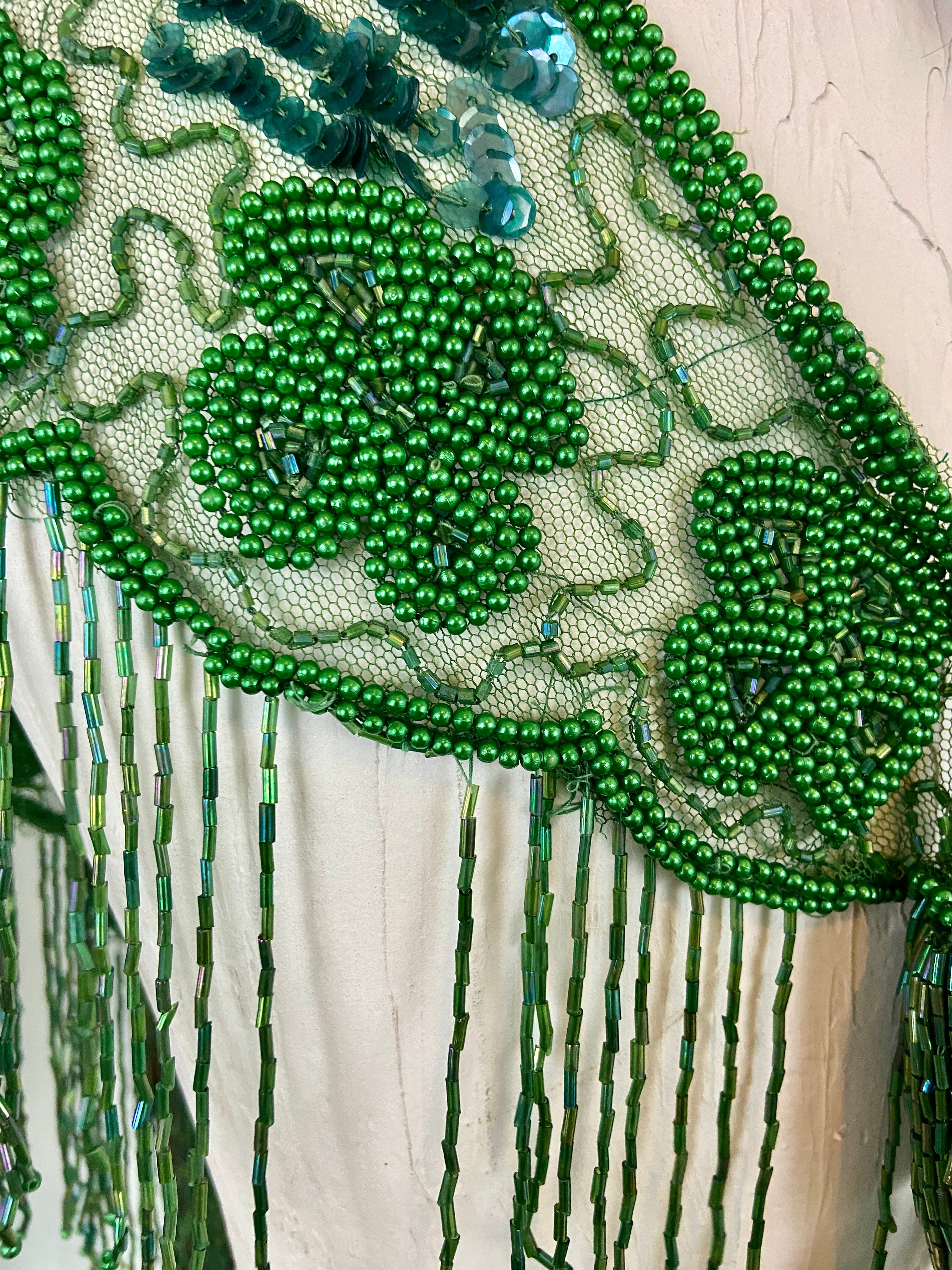 Green Glass Beaded Fringe & Sequin Shrug