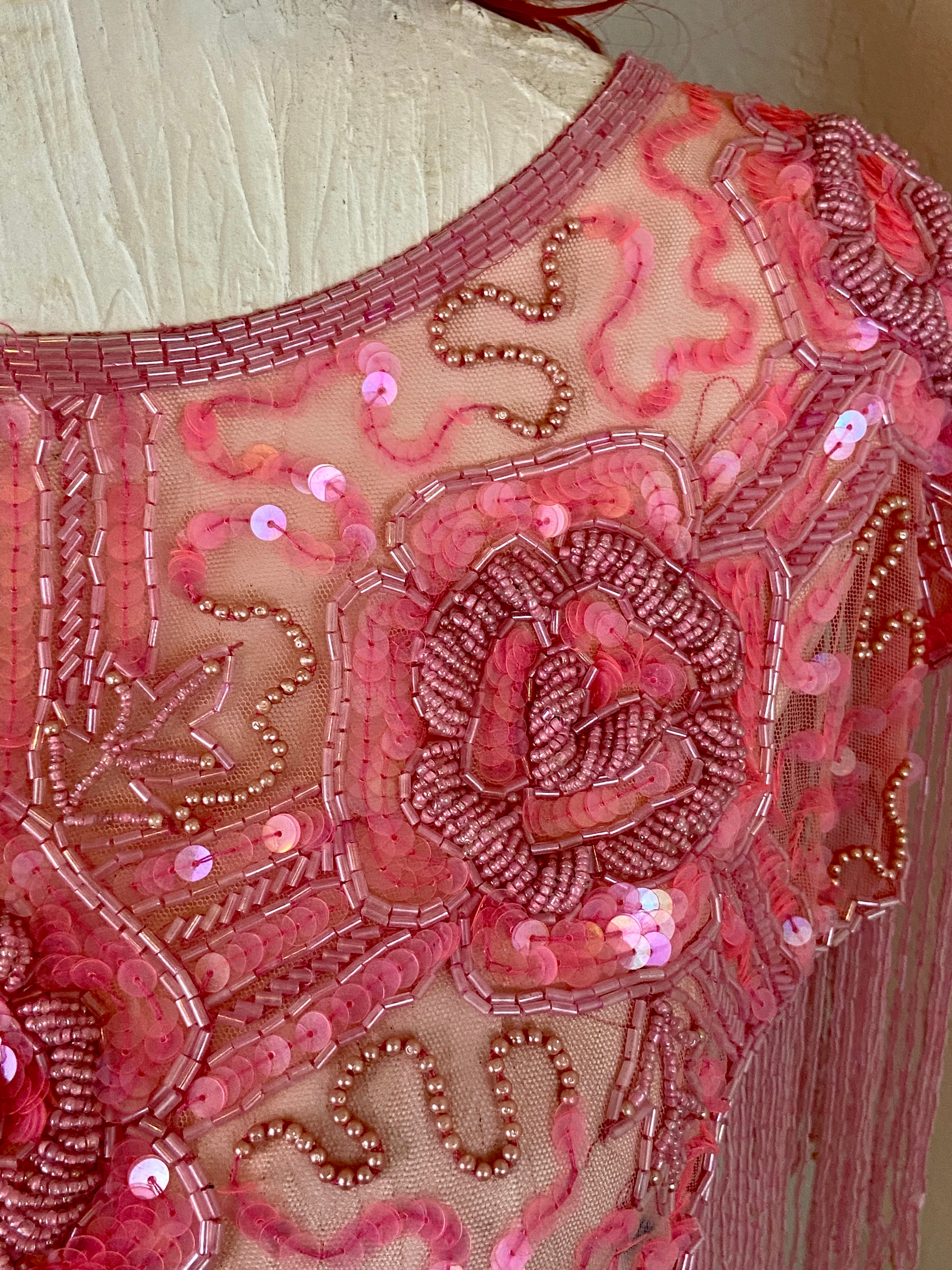Pink Glass Beaded Fringe & Sequin Shrug