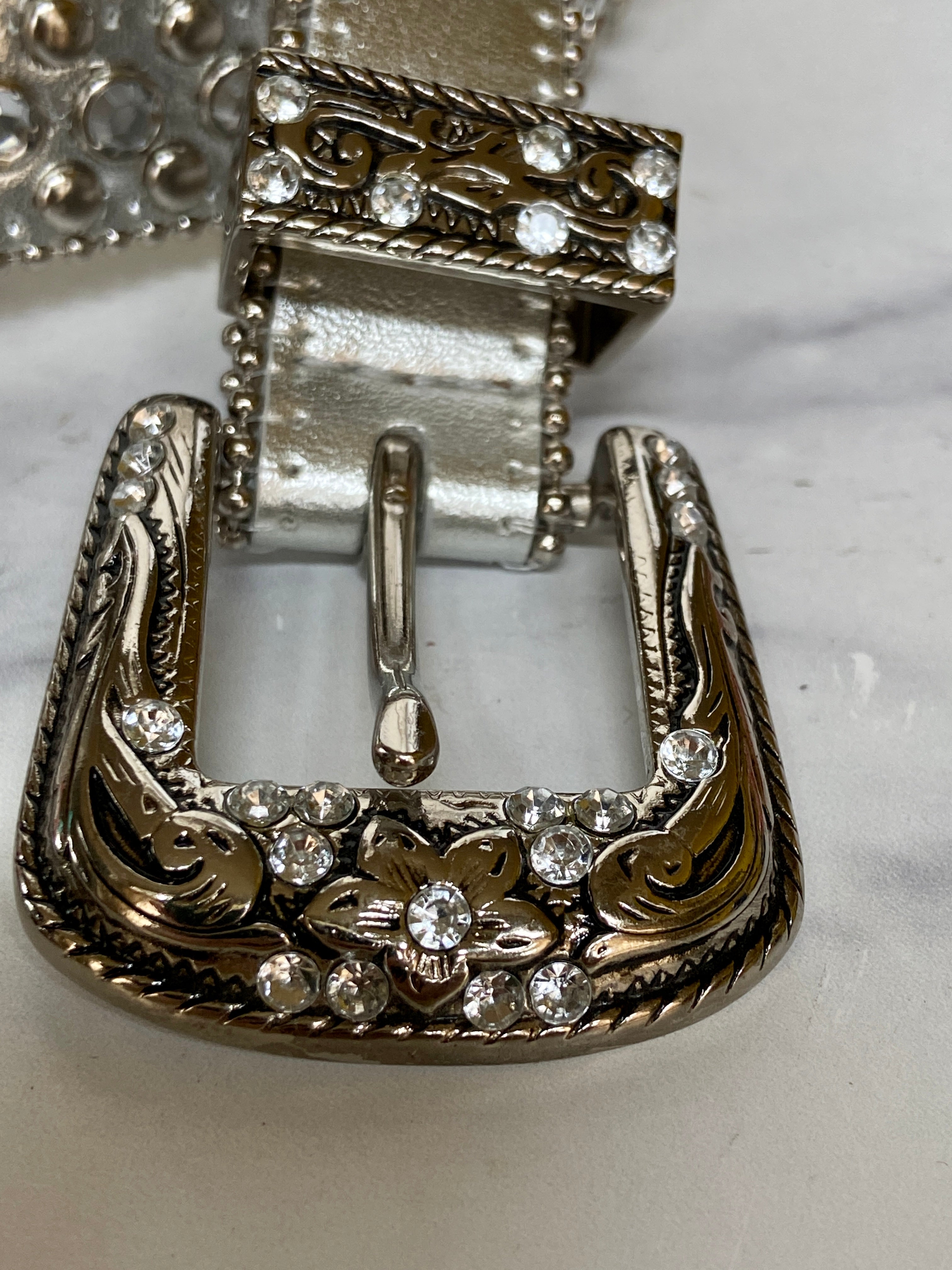 Silver Rhinestone Decor Geometric Buckle Belt