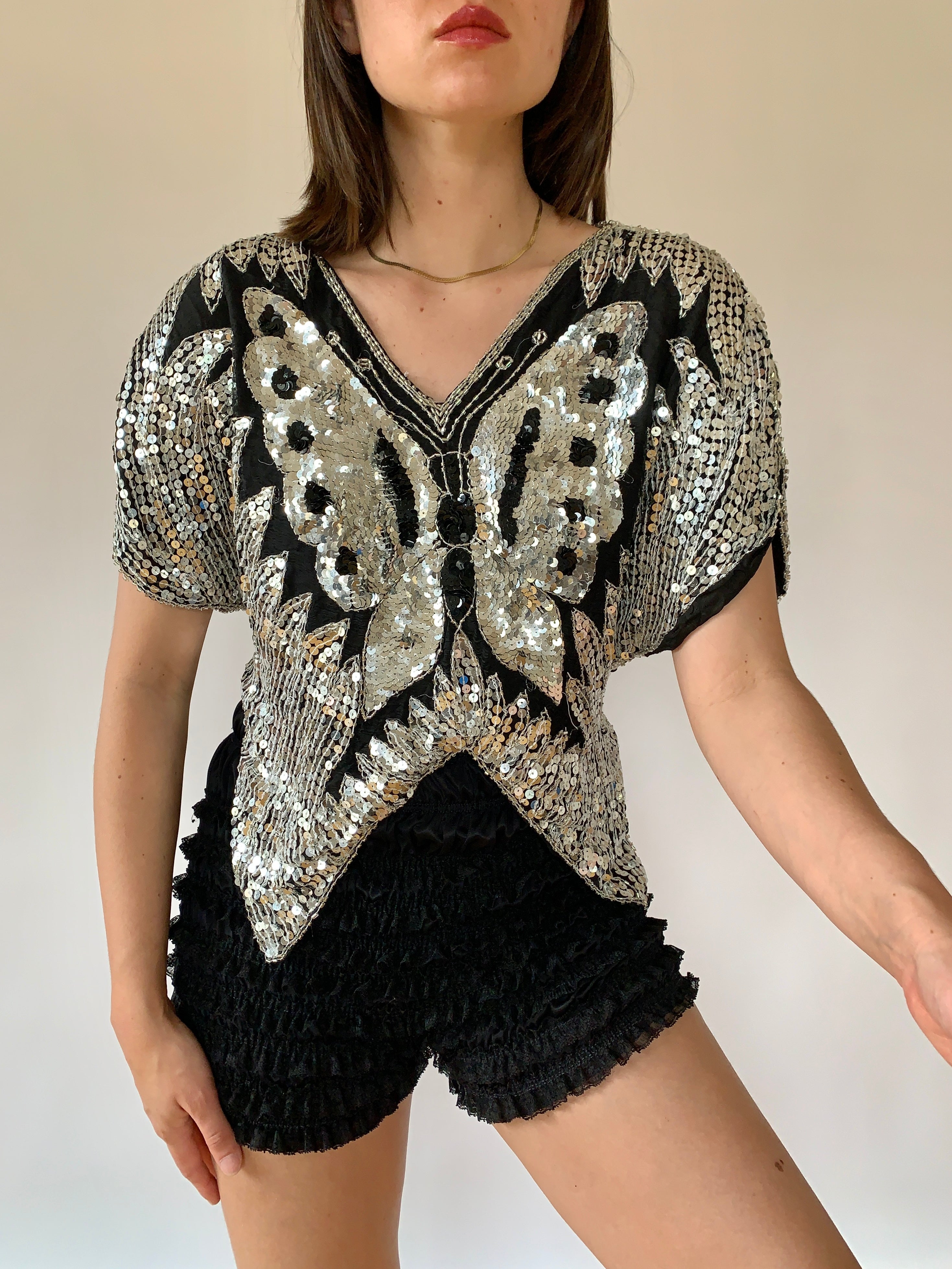 Vintage Butterfly Sequin Blouse - Small