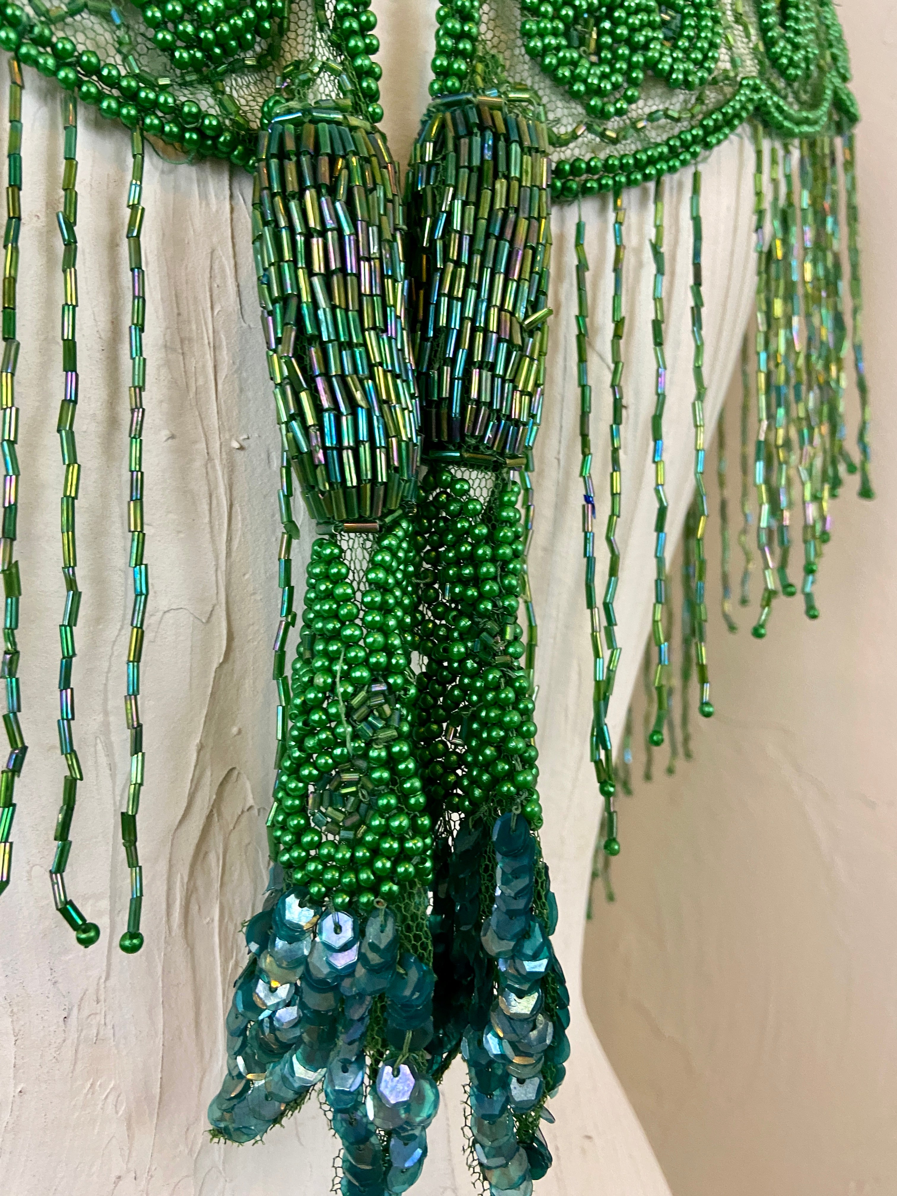 Green Glass Beaded Fringe & Sequin Shrug