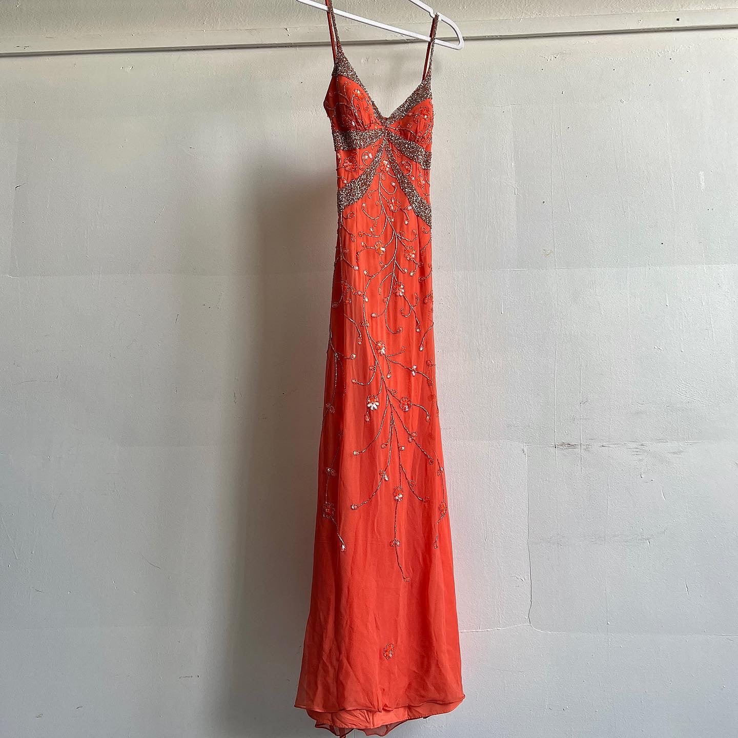 Y2K coral silk beaded formal dress - xs/s