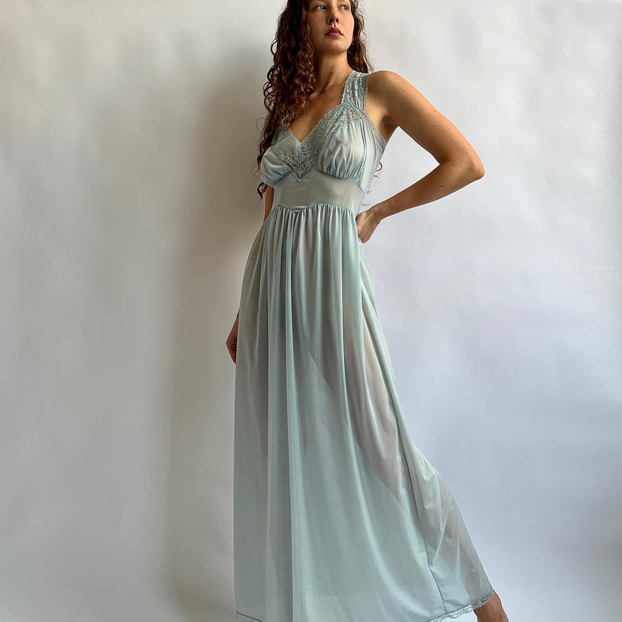 Dusty blue hand dyed vintage maxi slip dress - M