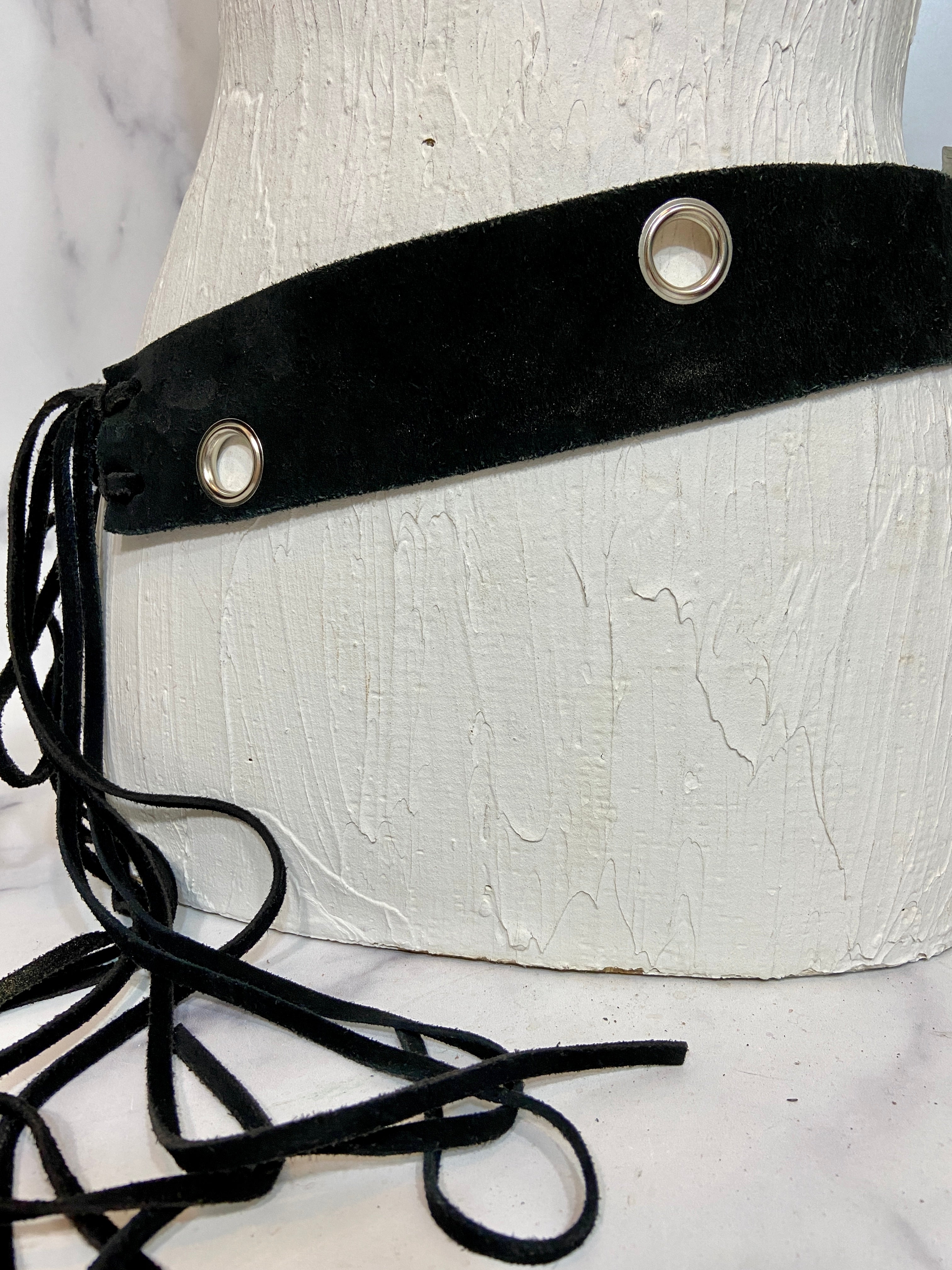 Black velvet tie up belt