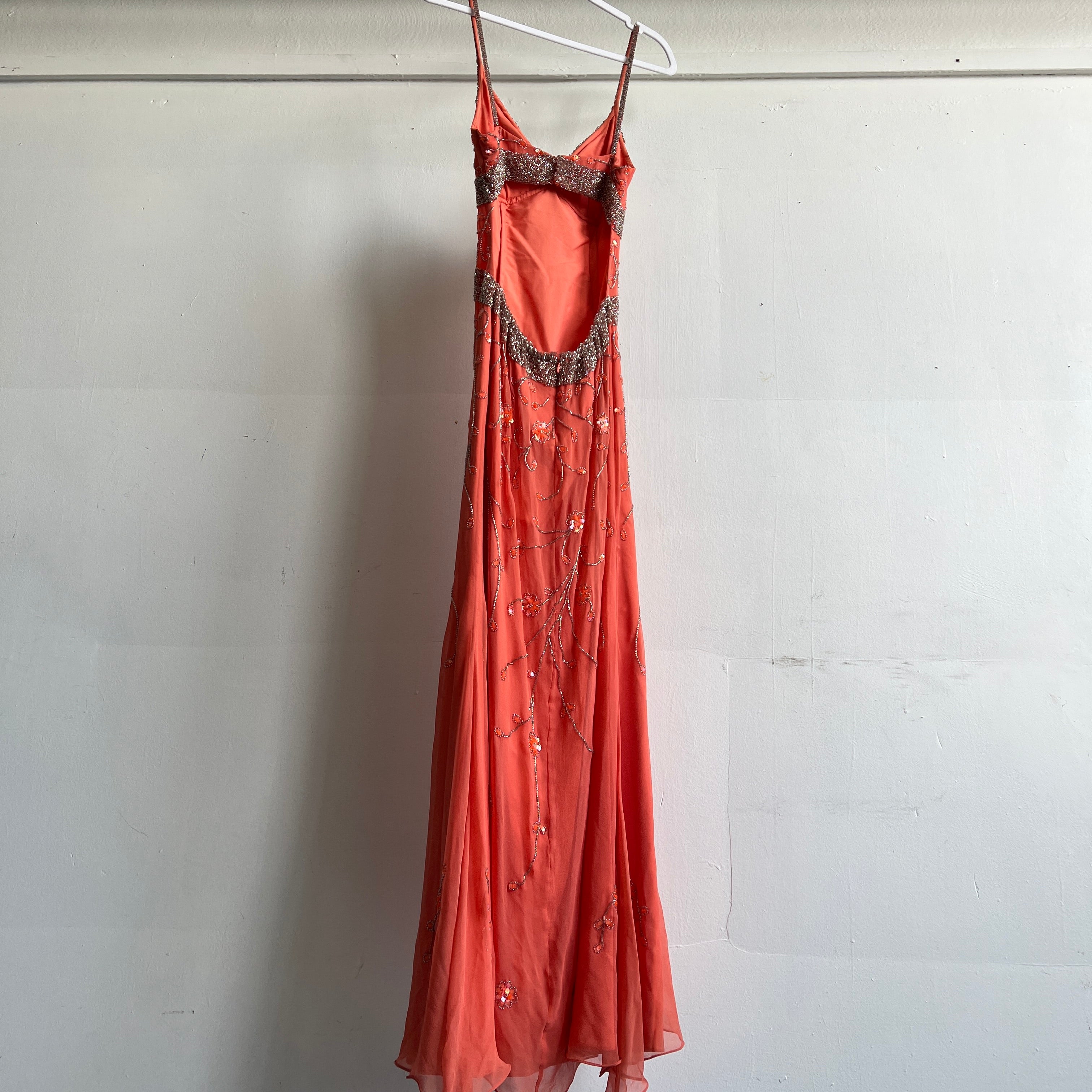 Y2K coral silk beaded formal dress - xs/s