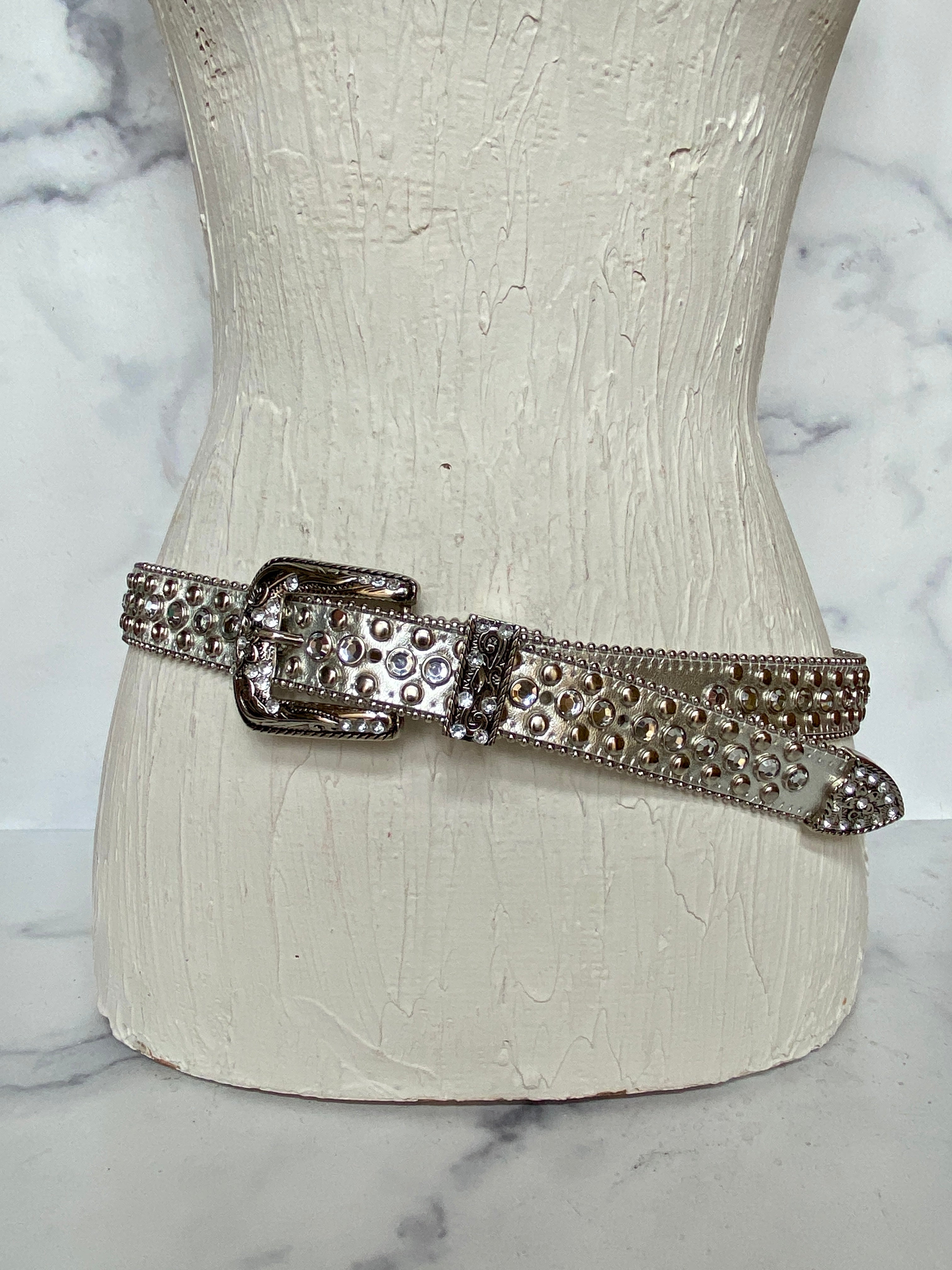 Silver Rhinestone Decor Geometric Buckle Belt