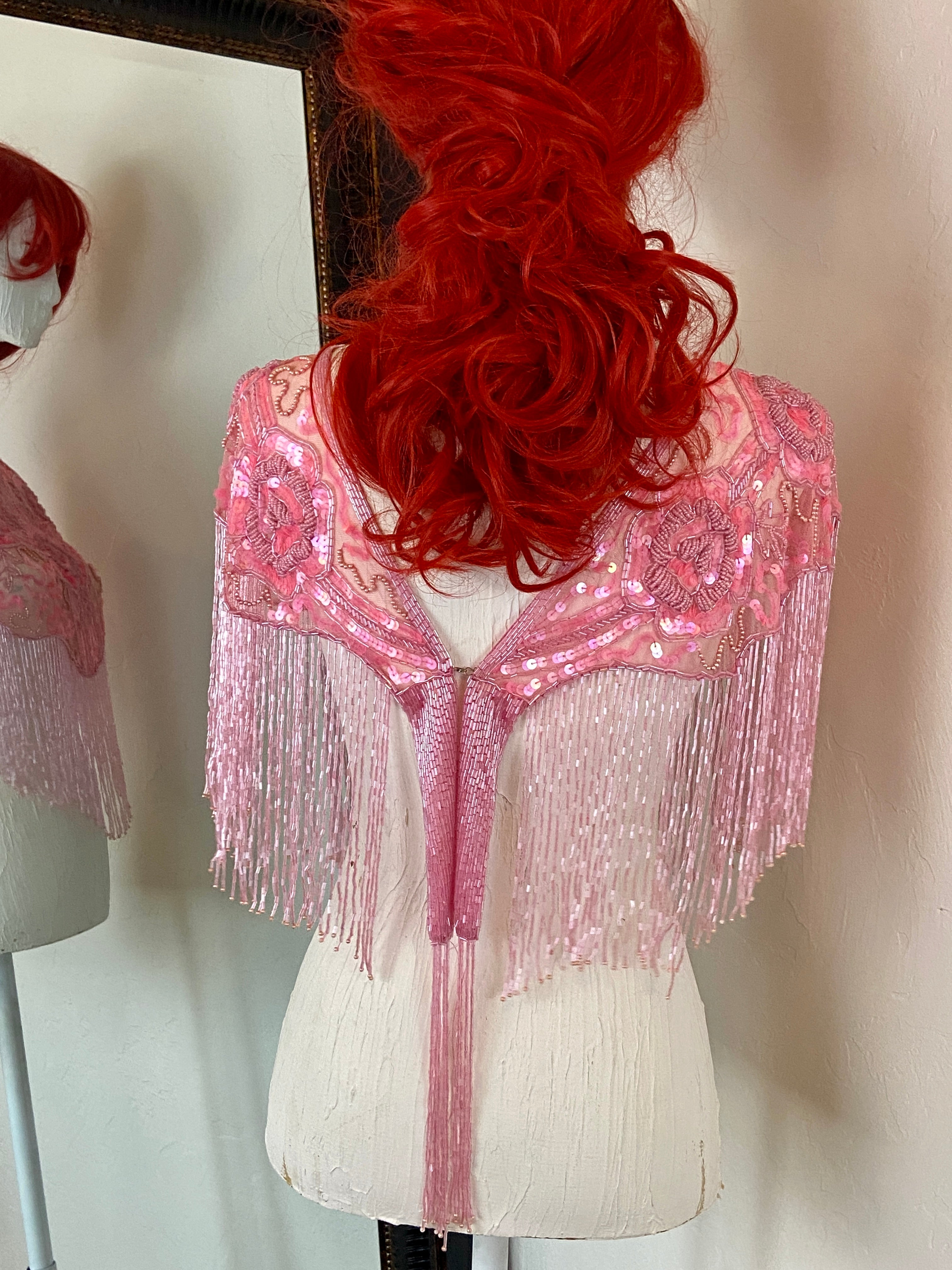Pink Glass Beaded Fringe & Sequin Shrug