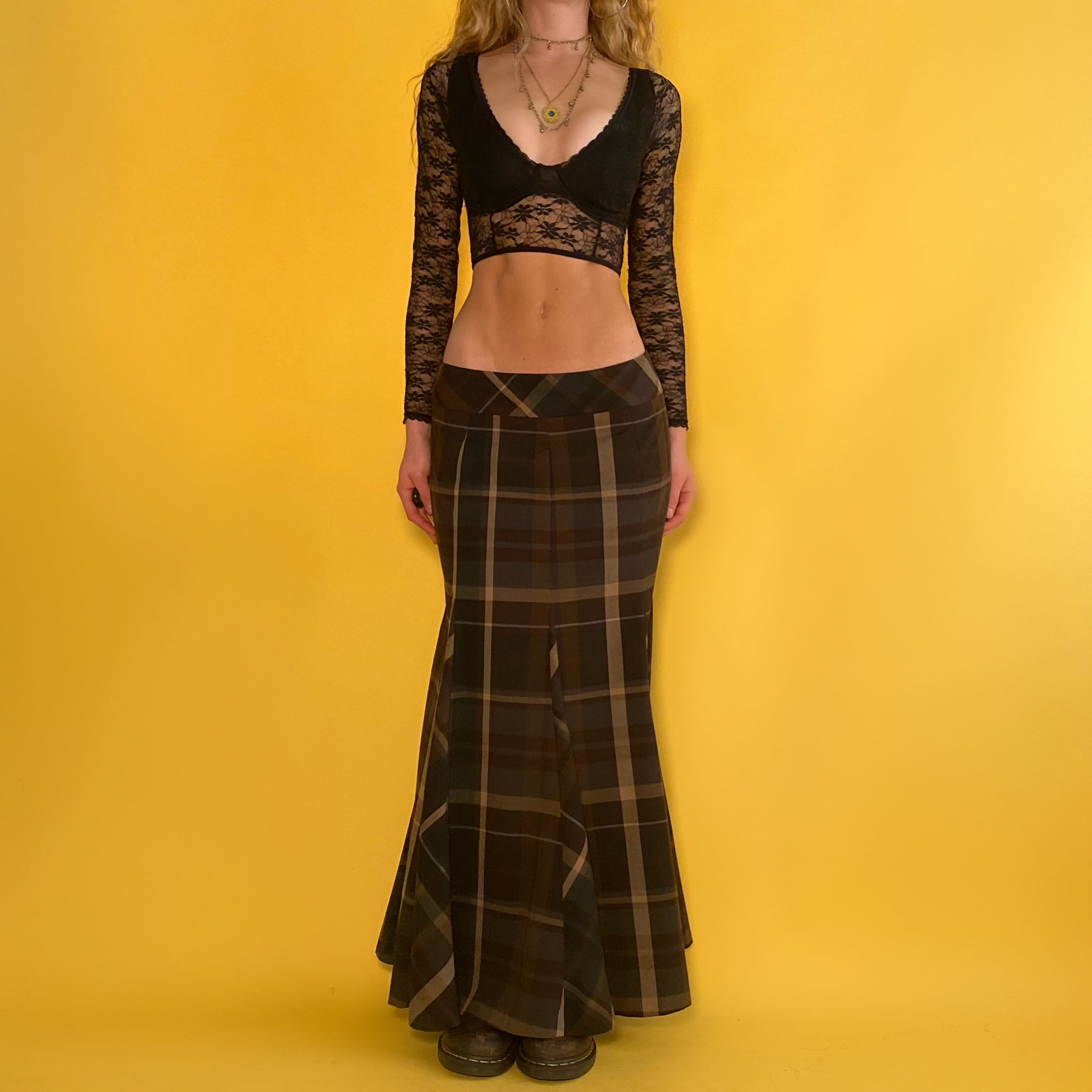 Low Rise Long Plaid Skirt