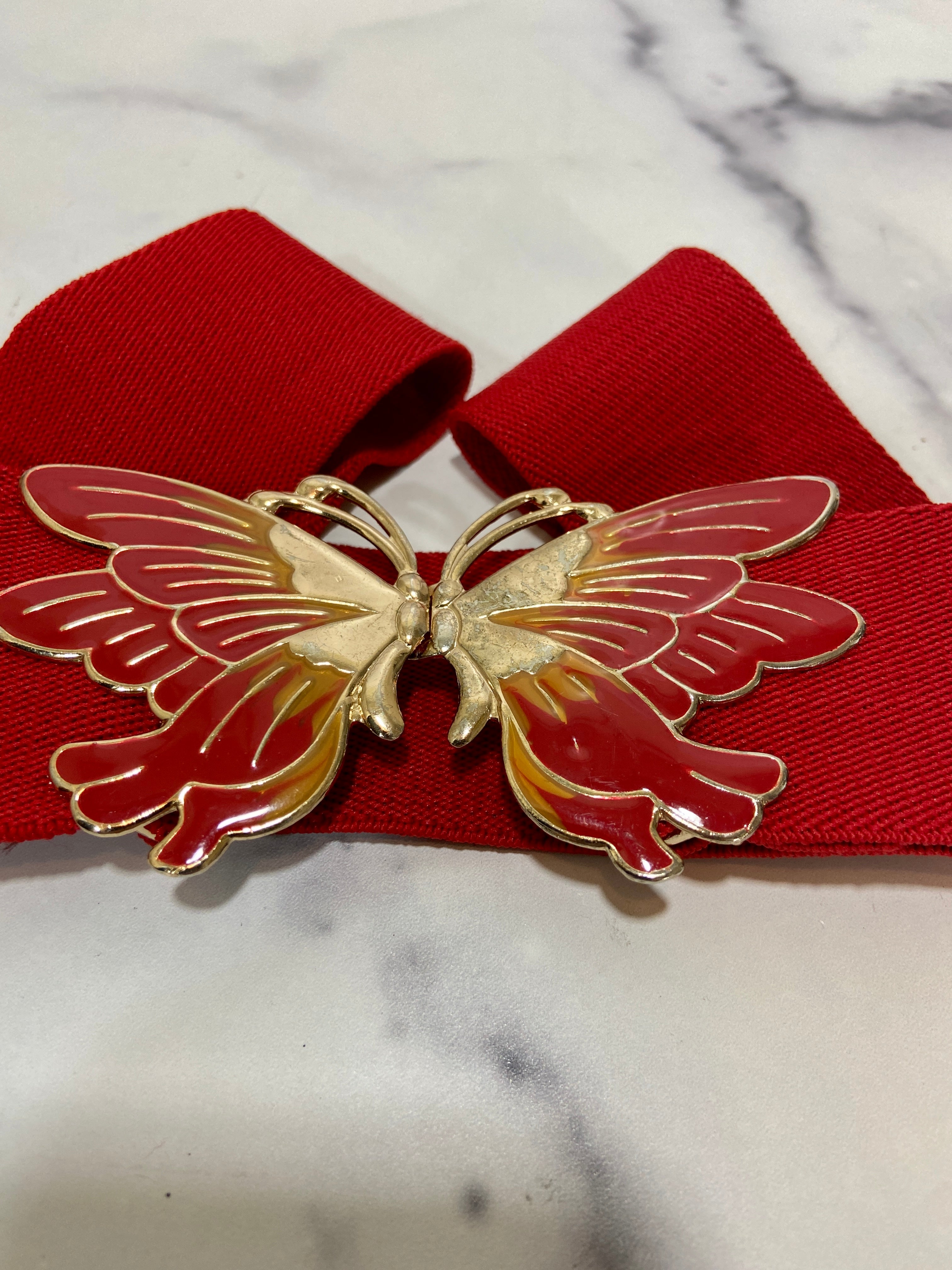 Vintage Stretch Elastic Belt Ornate Butterfly Clasp Red