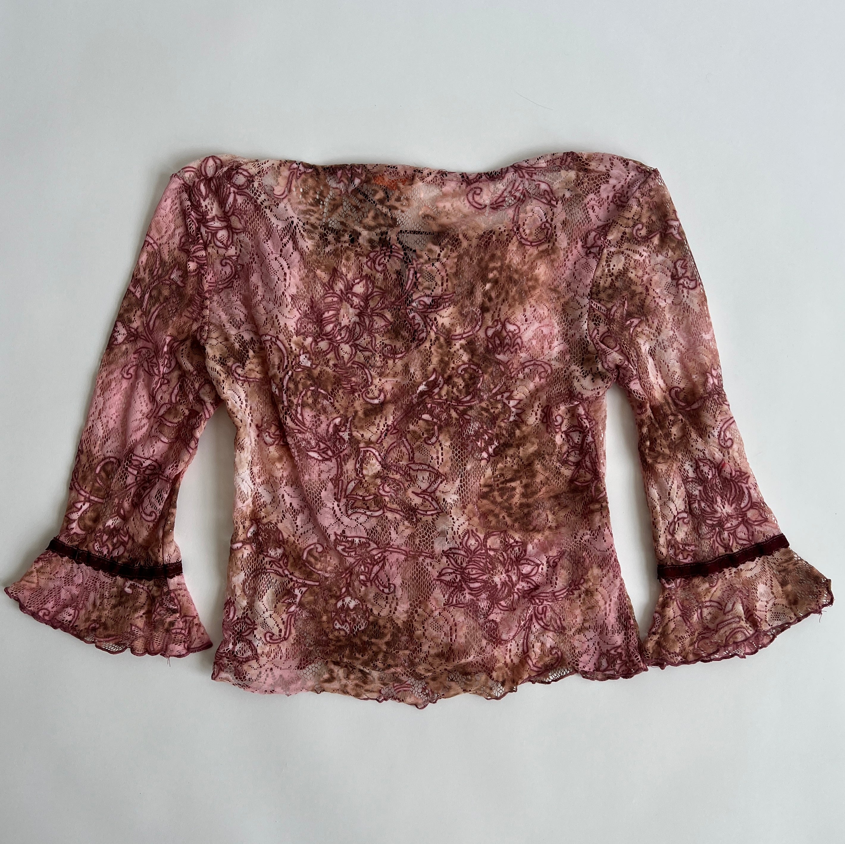 Y2K sheer floral tie dye peasant top - L