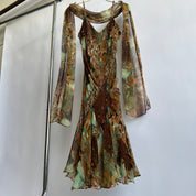 Vintage silk print beaded fairy dress + scarf - M/L