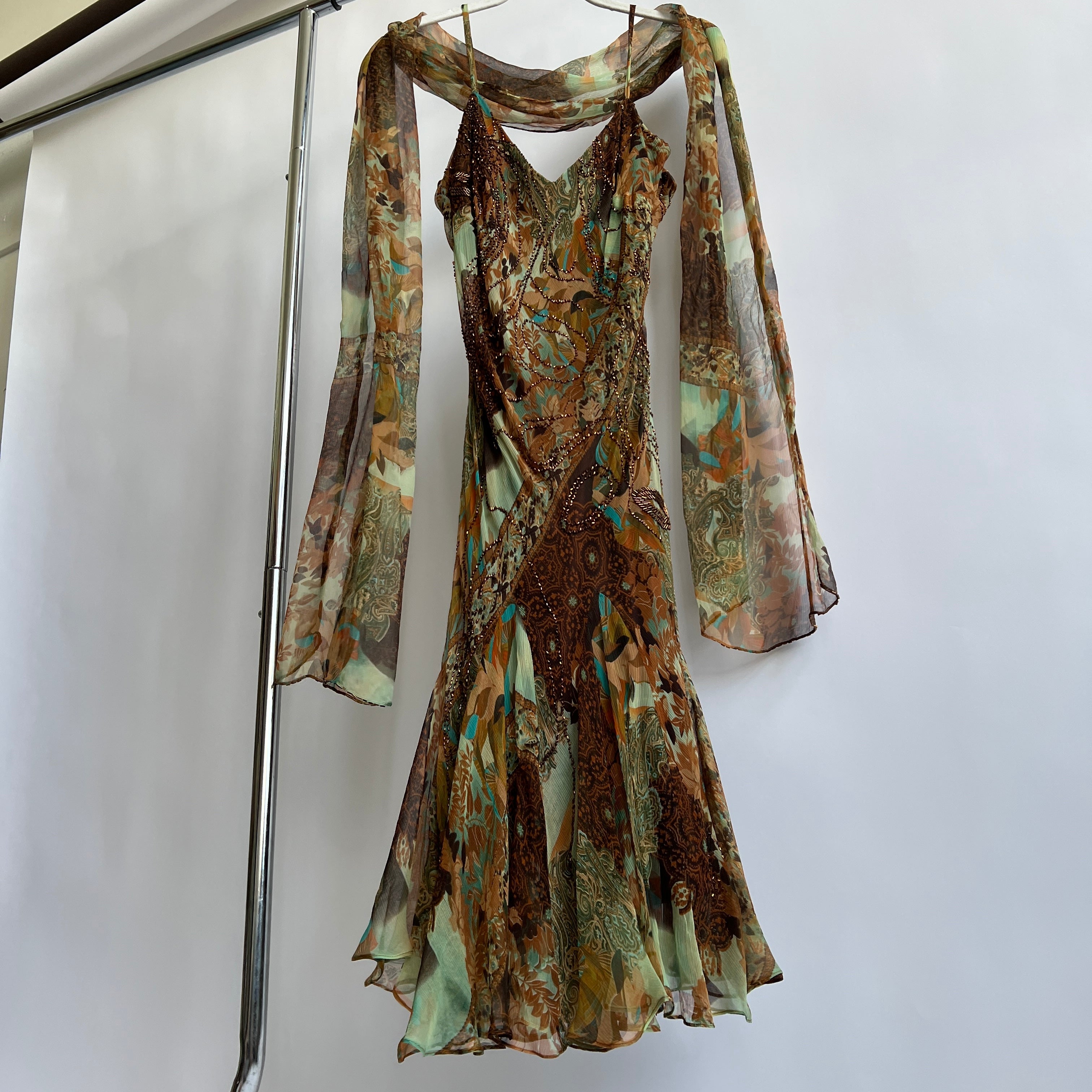 Vintage silk print beaded fairy dress + scarf - M/L Vintage silk print beaded fairy dress + scarf - M/L
