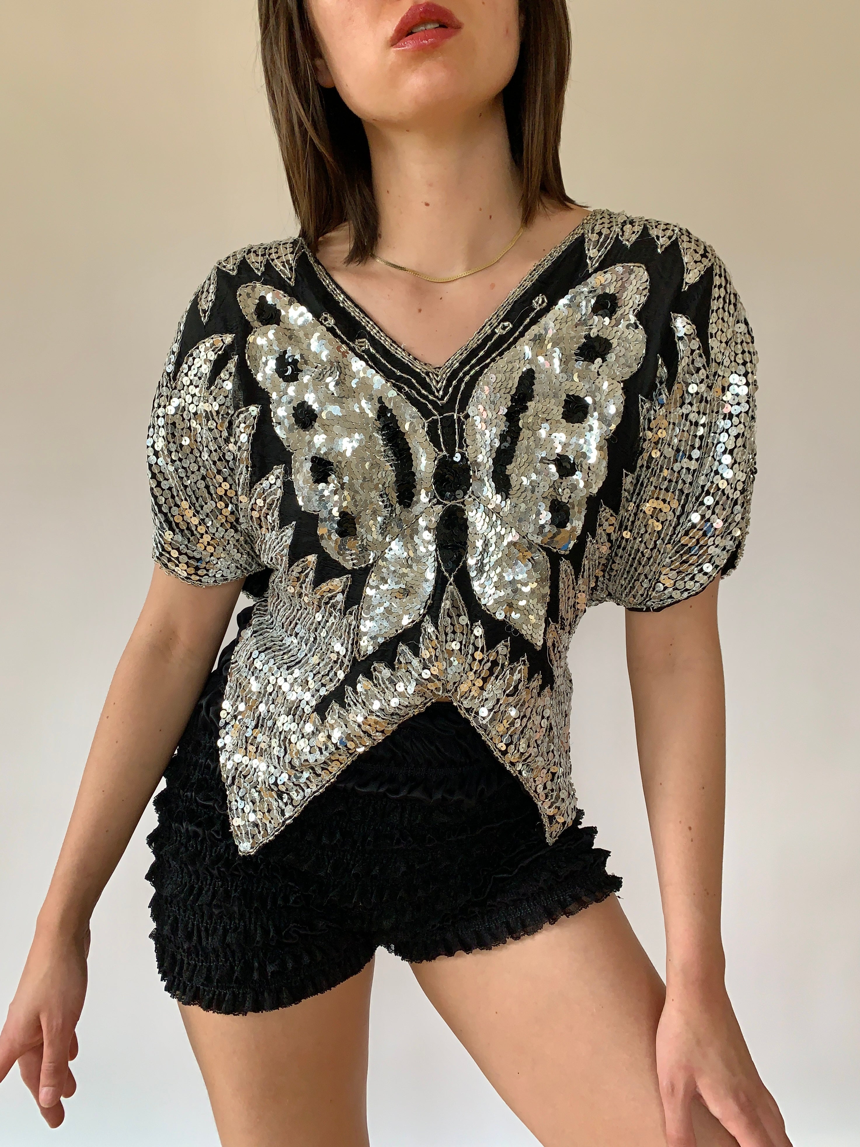 Vintage Butterfly Sequin Blouse - Small