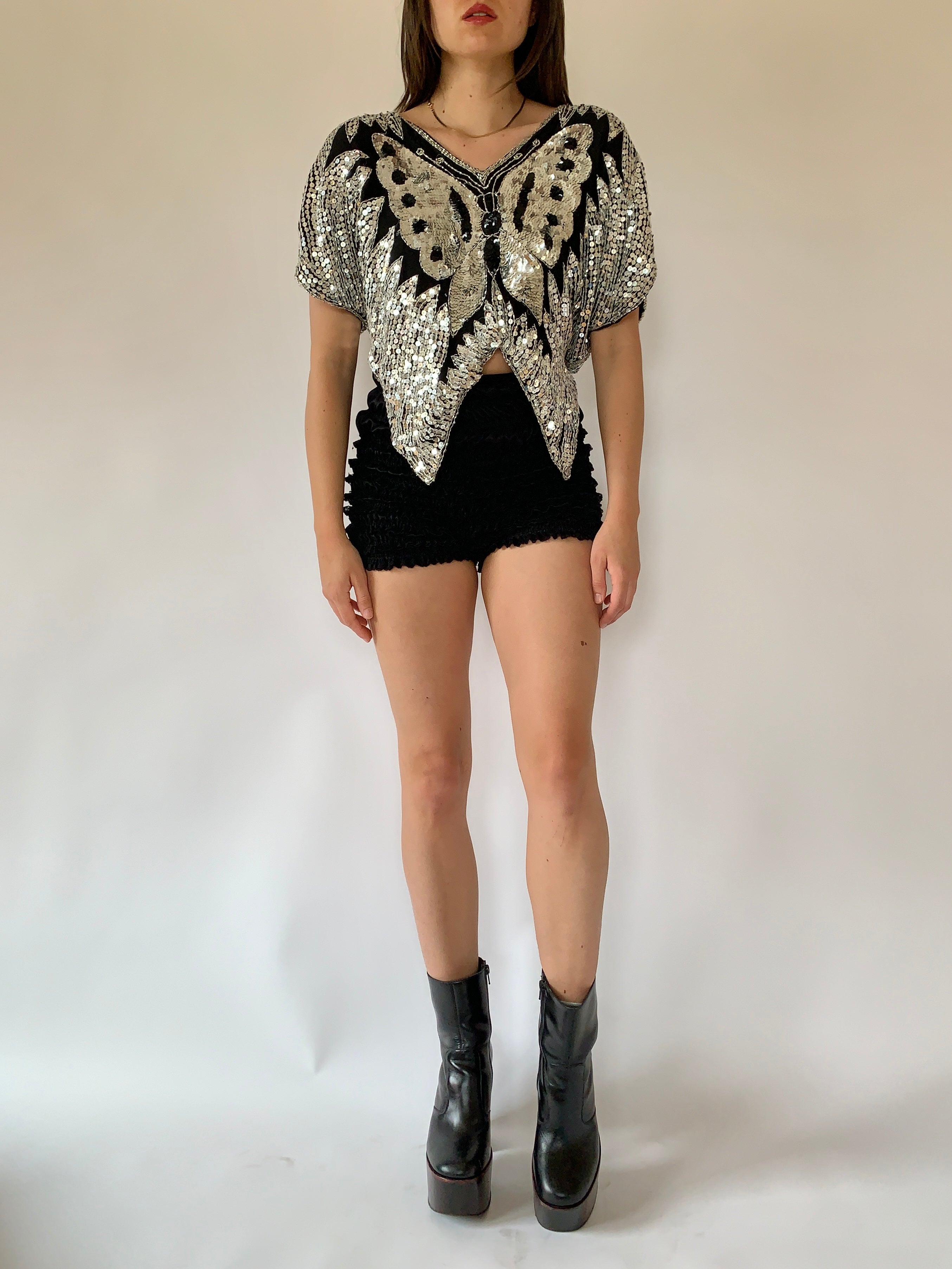 Vintage Butterfly Sequin Blouse - Small