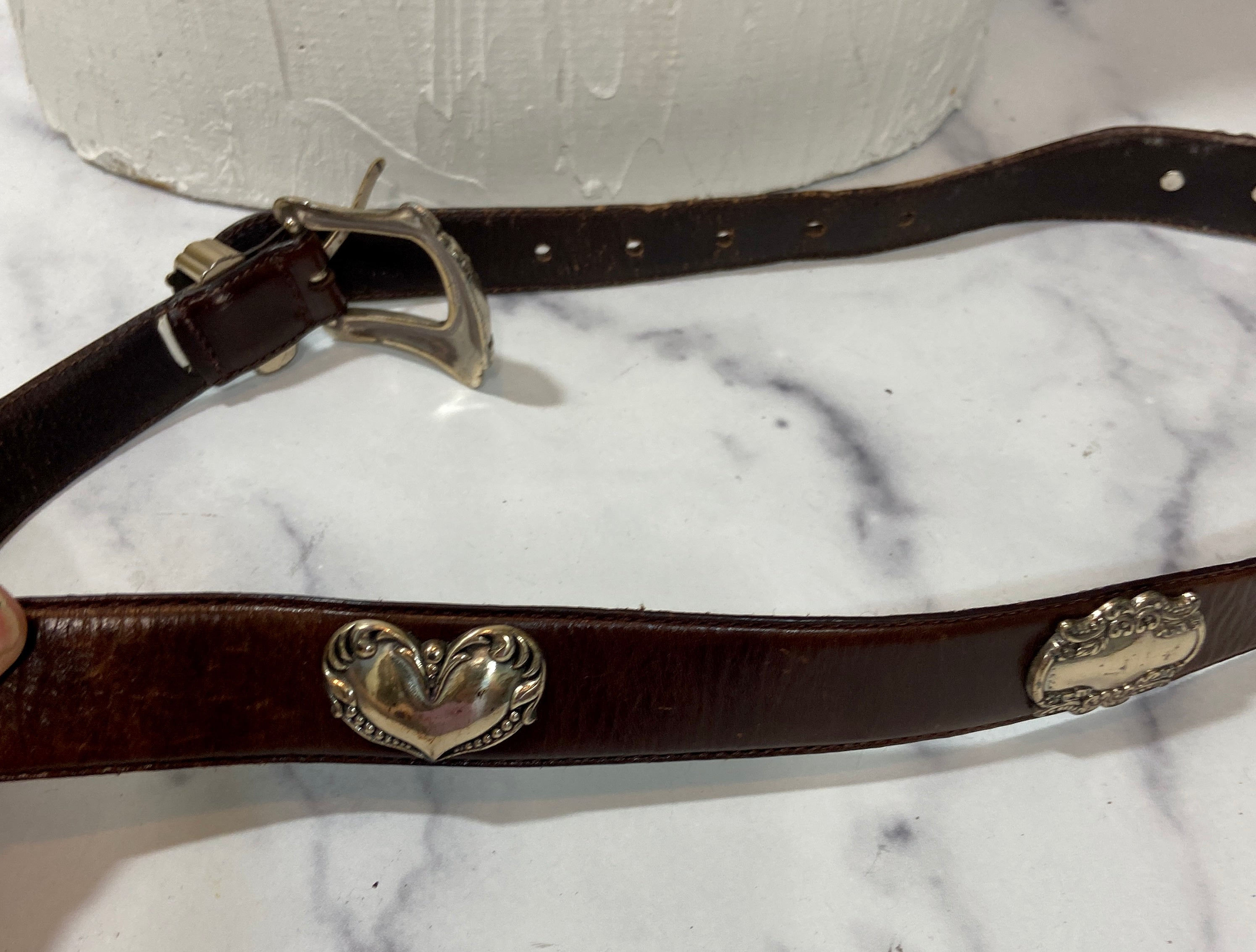 Vintage Brown Leather Belt with Silver Medallions