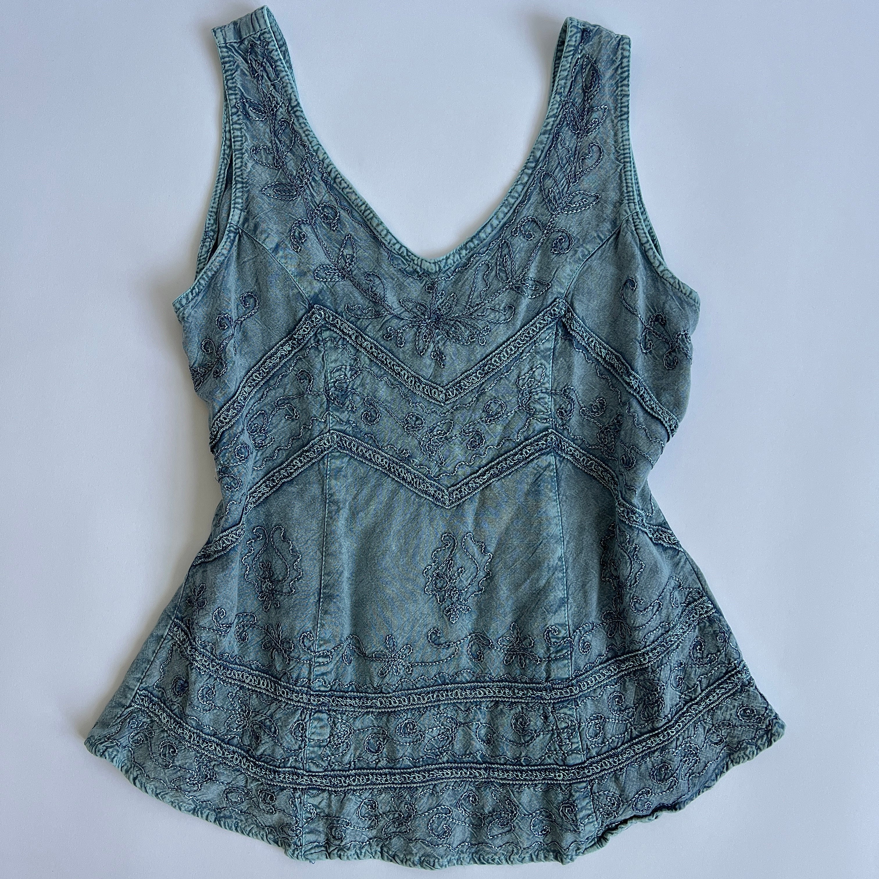 Blue embroidered boho grunge tank - L/XL