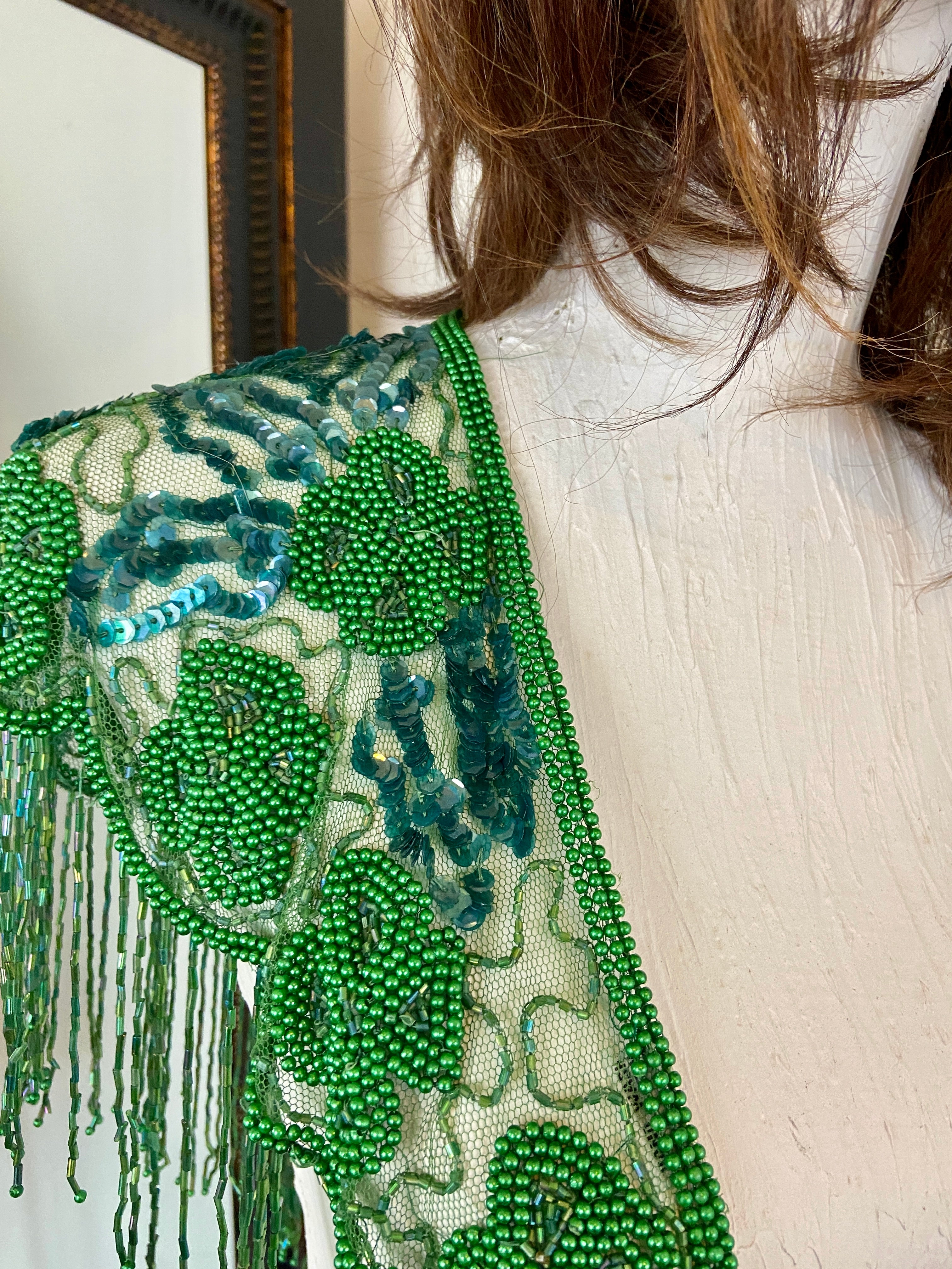 Green Glass Beaded Fringe & Sequin Shrug