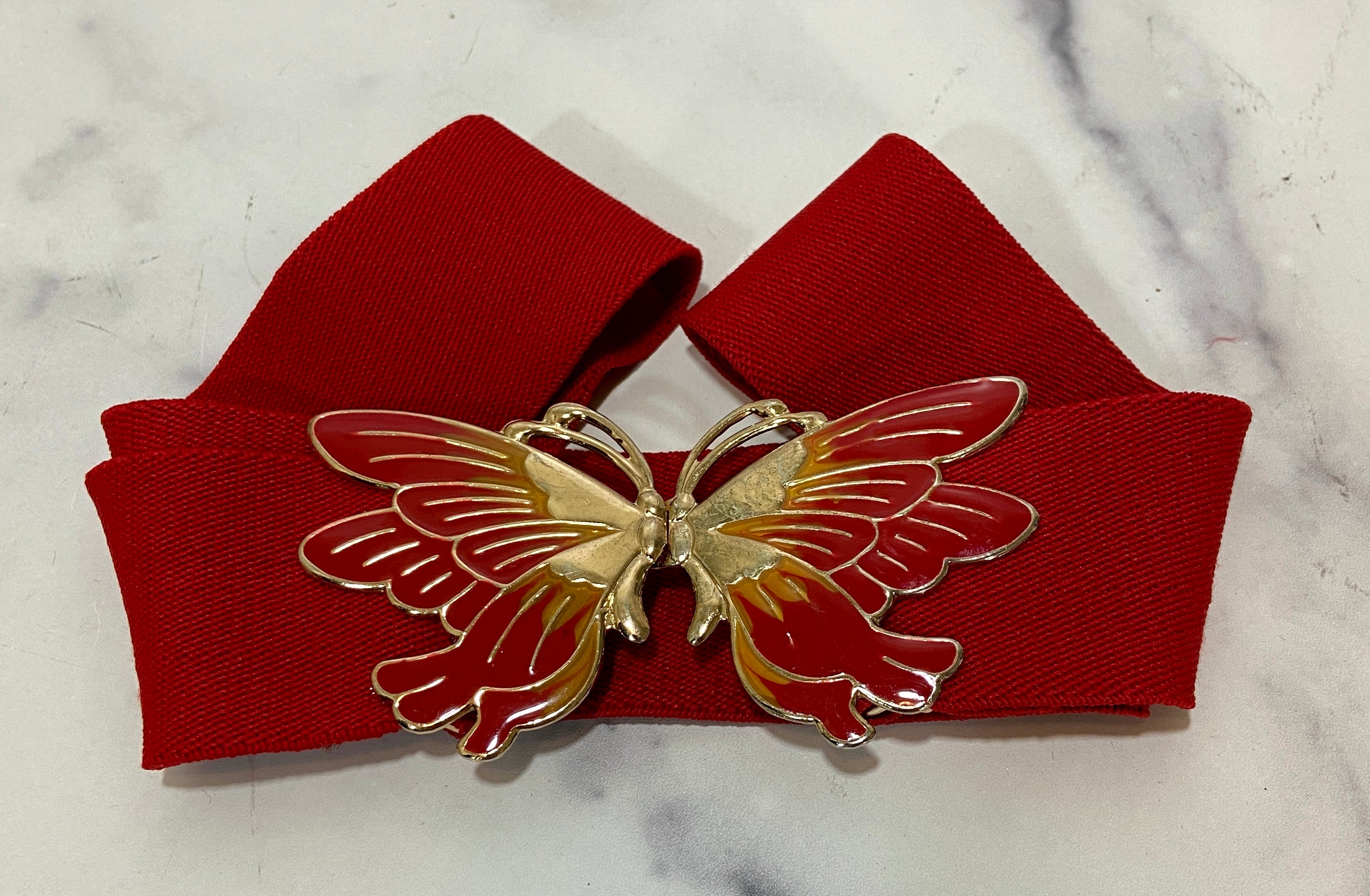 Vintage Stretch Elastic Belt Ornate Butterfly Clasp Red