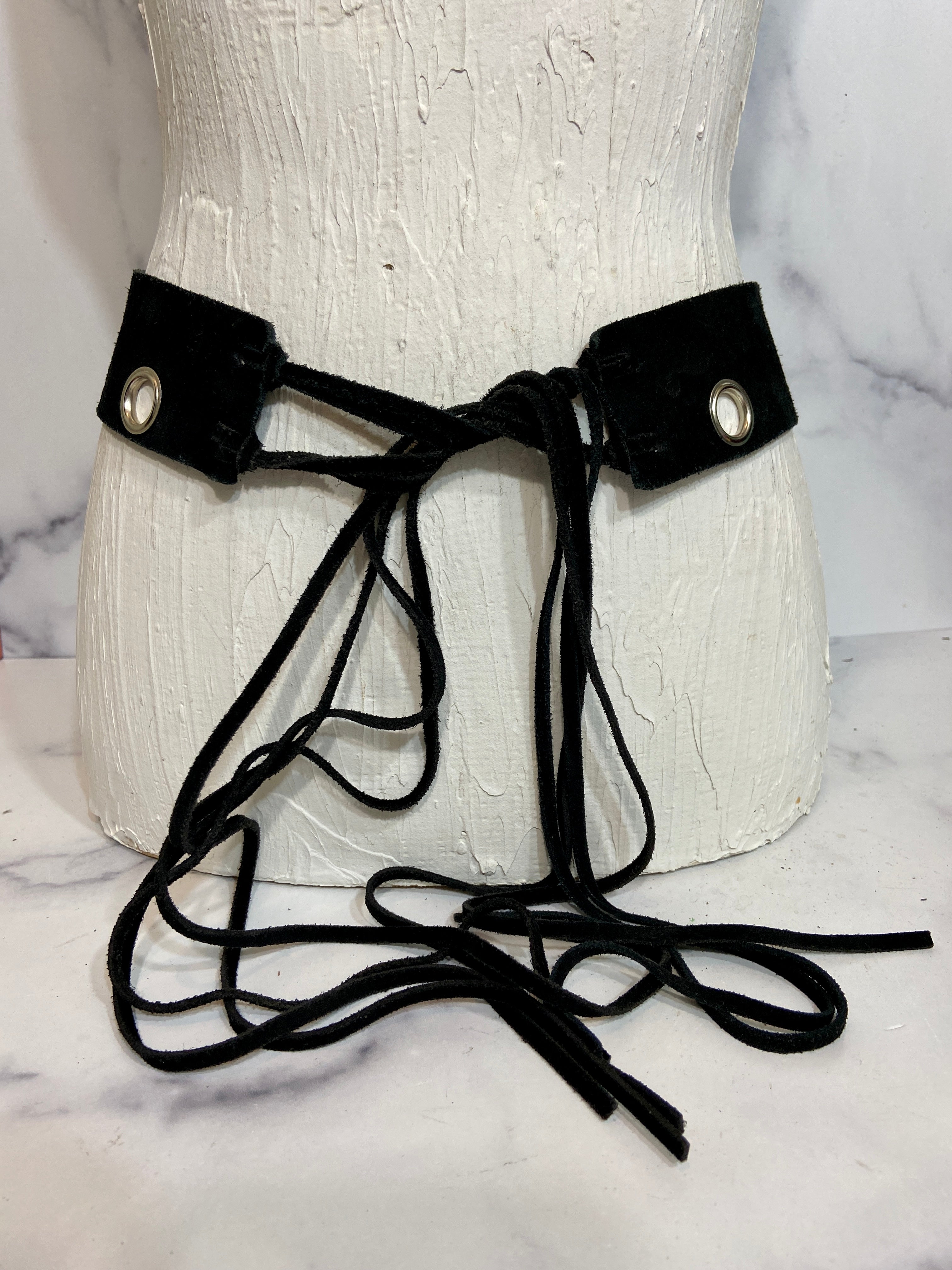 Black velvet tie up belt