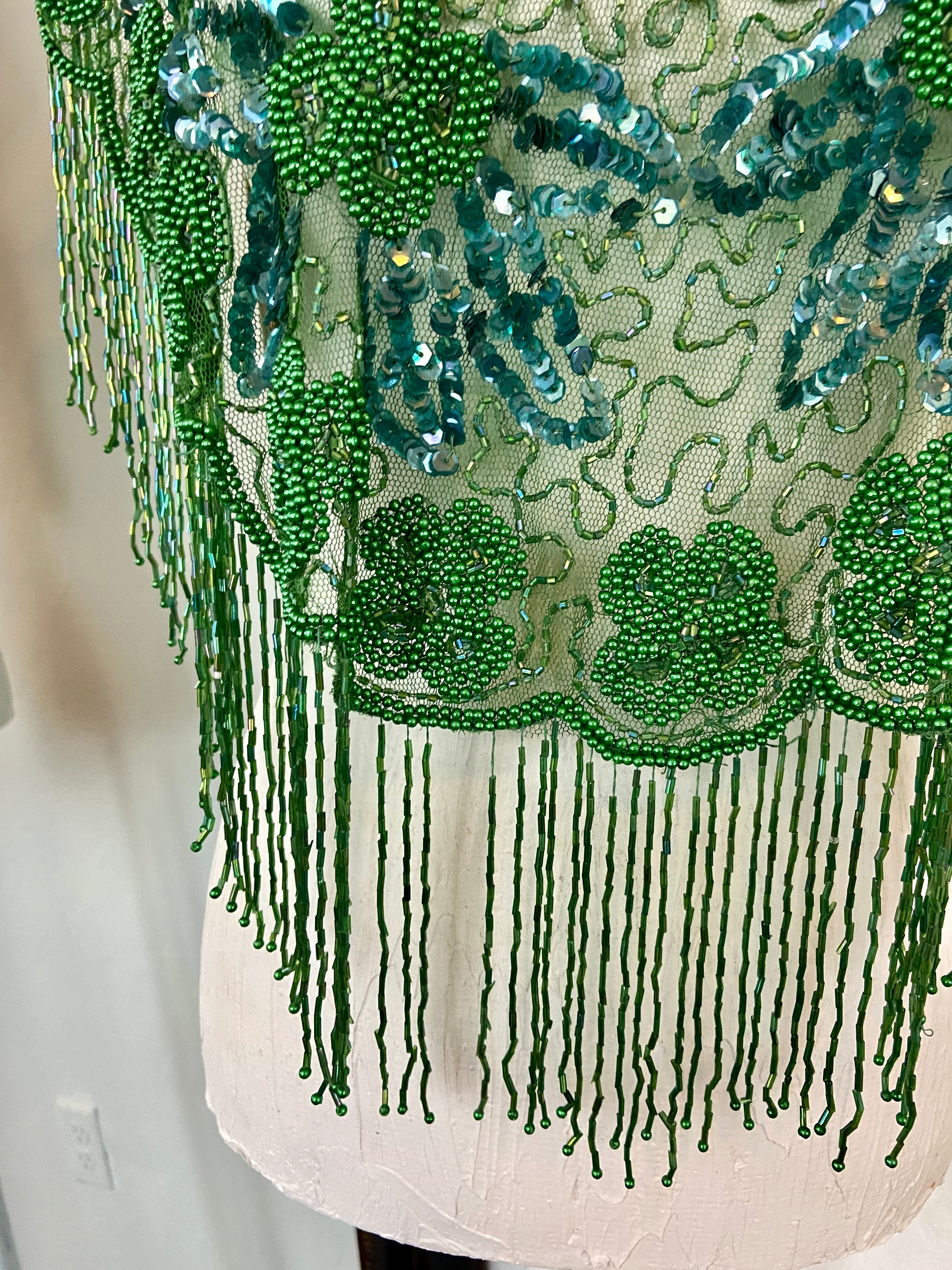 Green Glass Beaded Fringe & Sequin Shrug