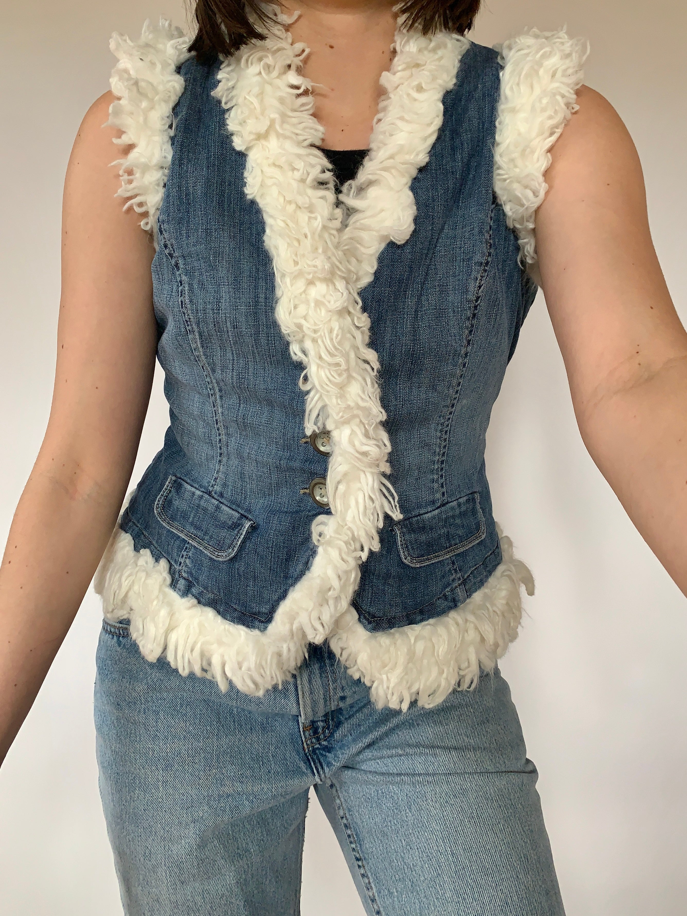 Y2K Faux Fur & Denim Vest (S)