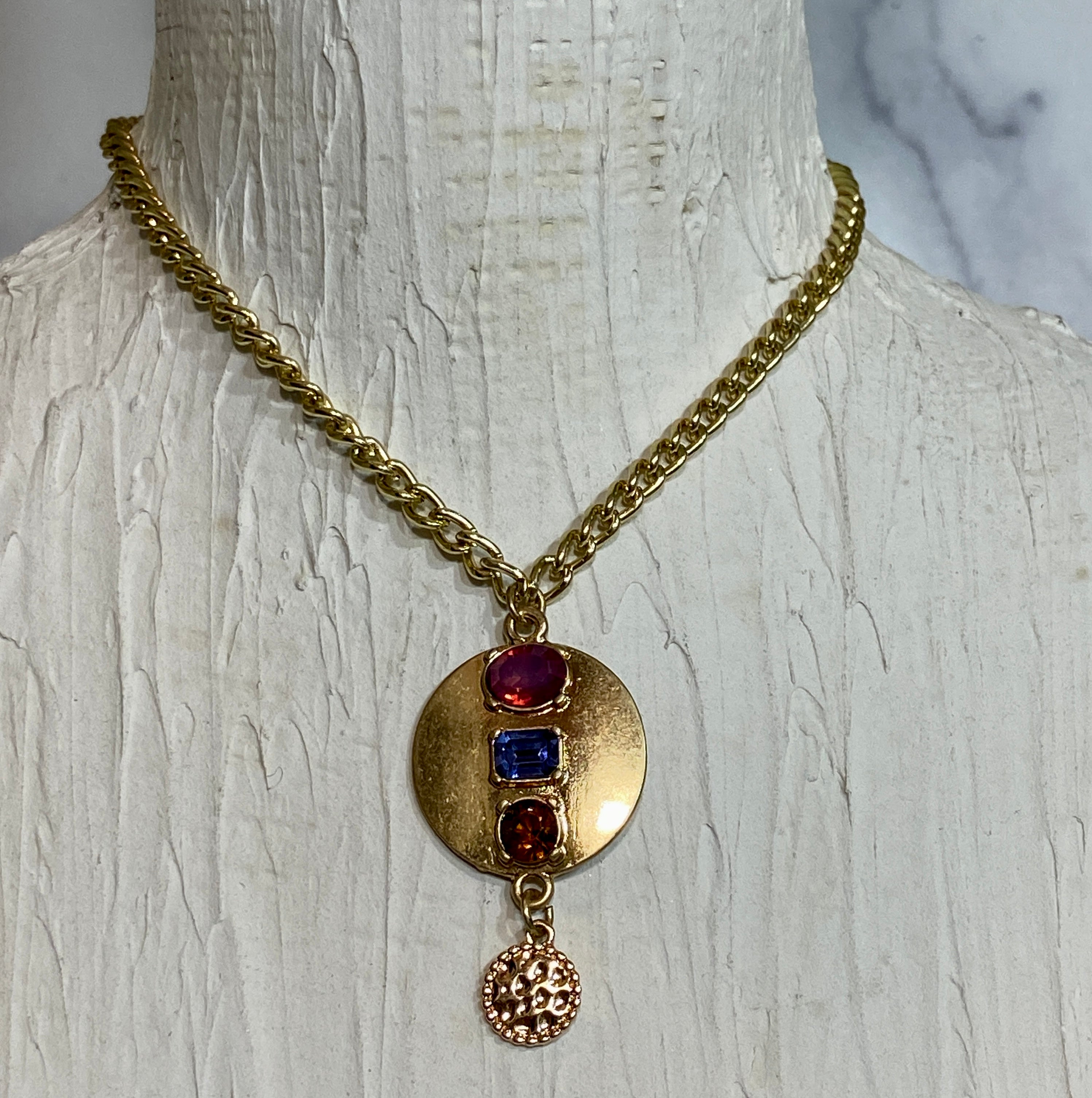 Large Pendant Necklace Multi-Colored Stones Various Shapes and Colors Faceted Glass Stones