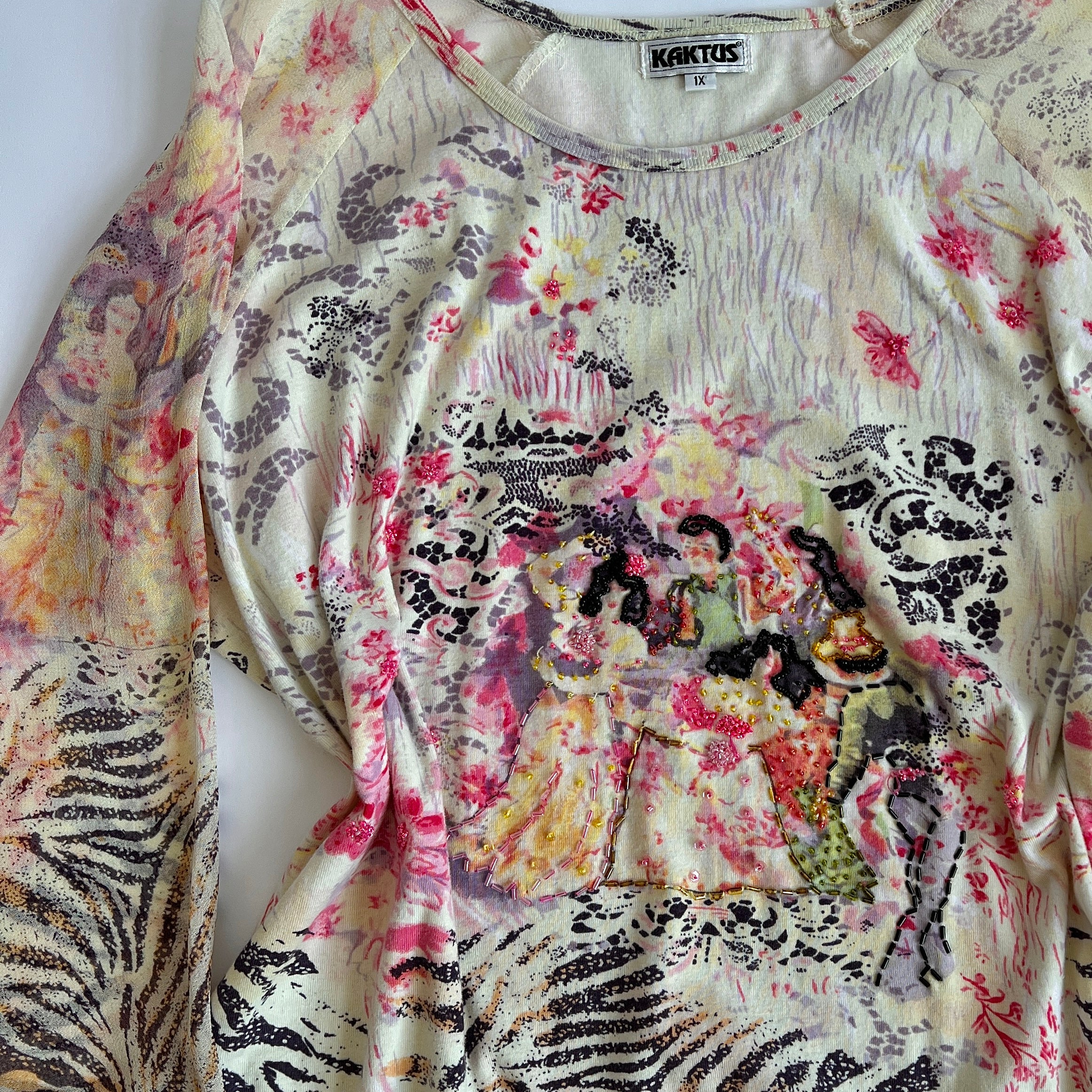 Vintage beaded people print top - 1X