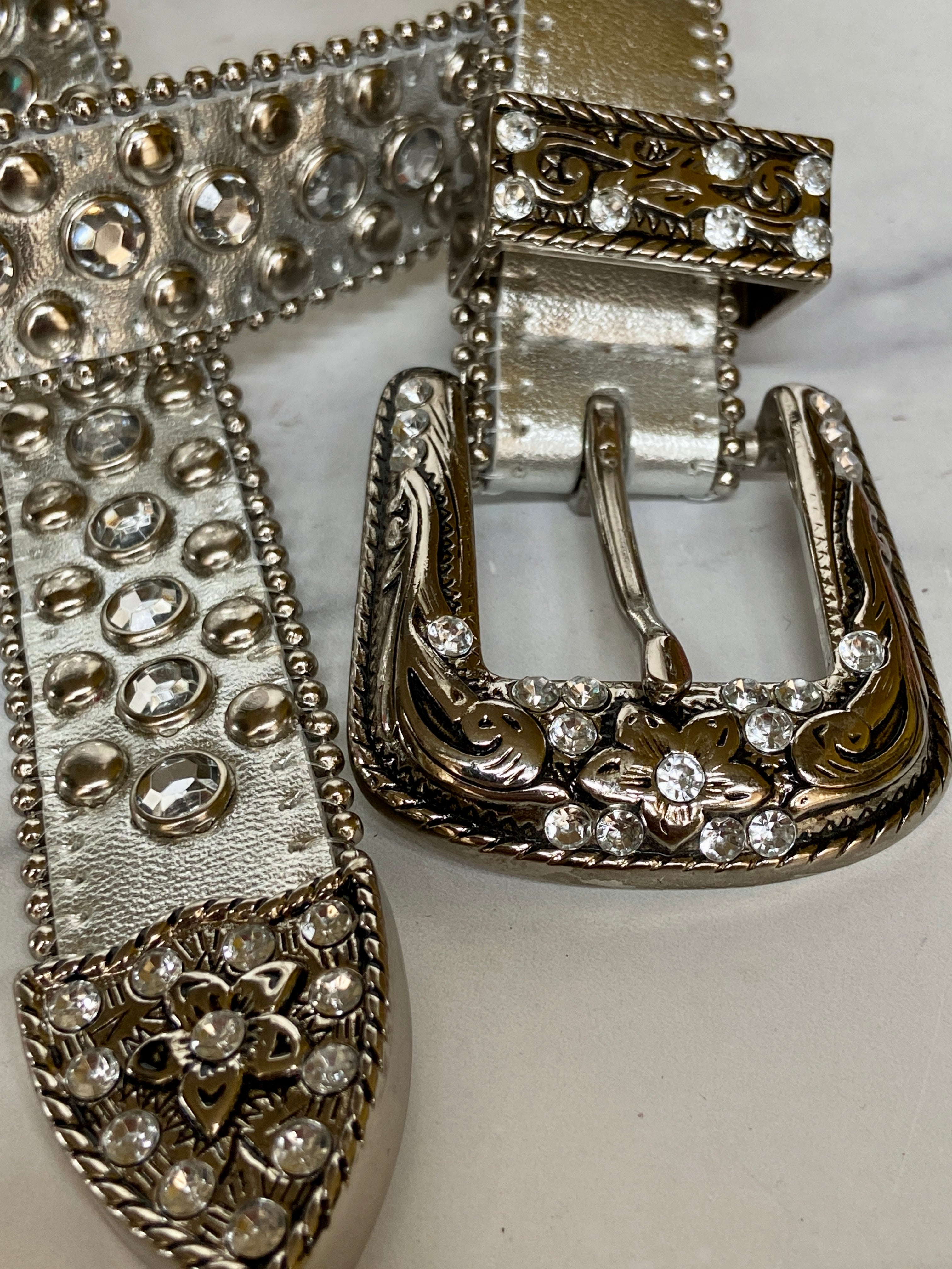 Silver Rhinestone Decor Geometric Buckle Belt