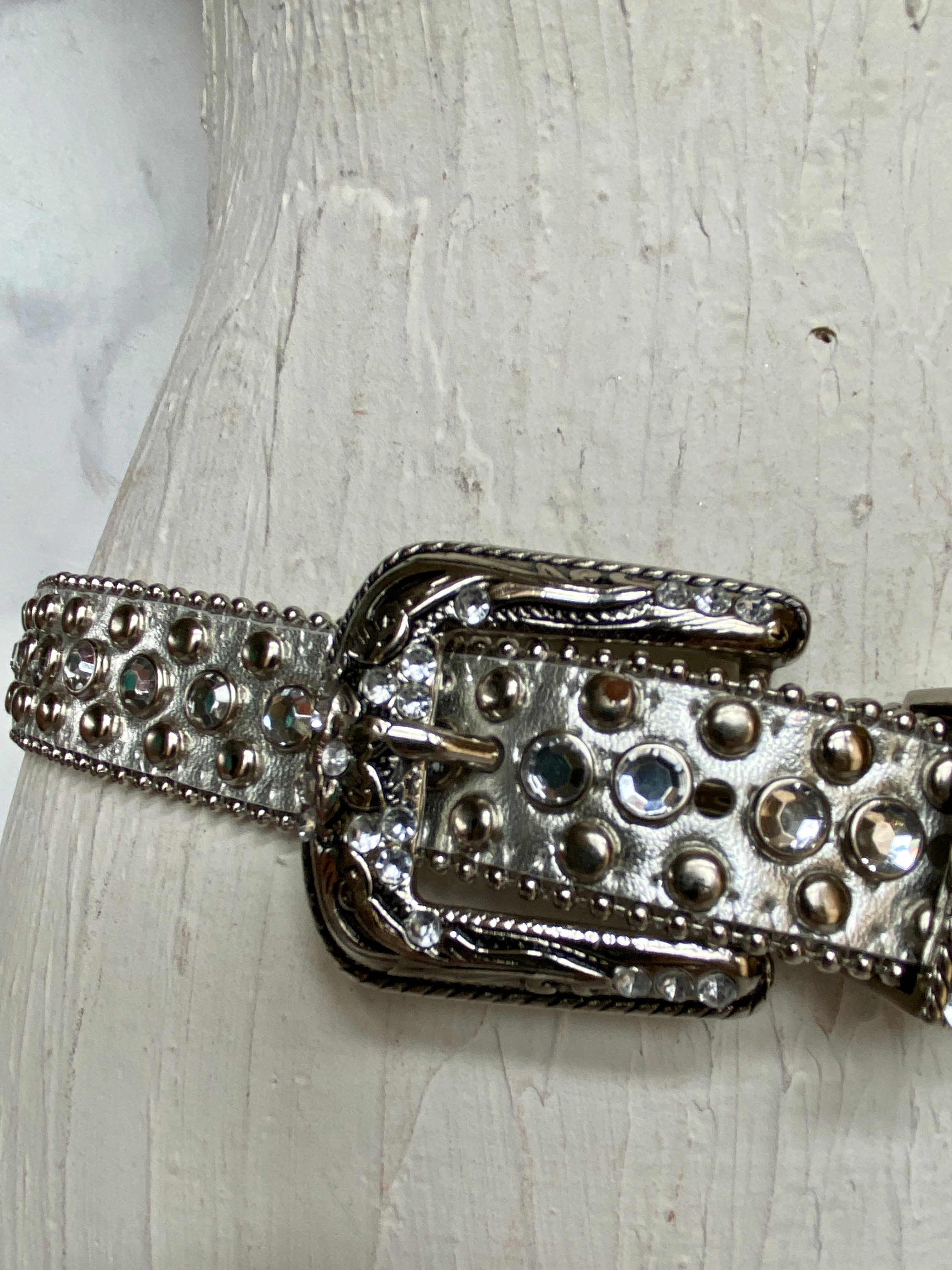 Silver Rhinestone Decor Geometric Buckle Belt