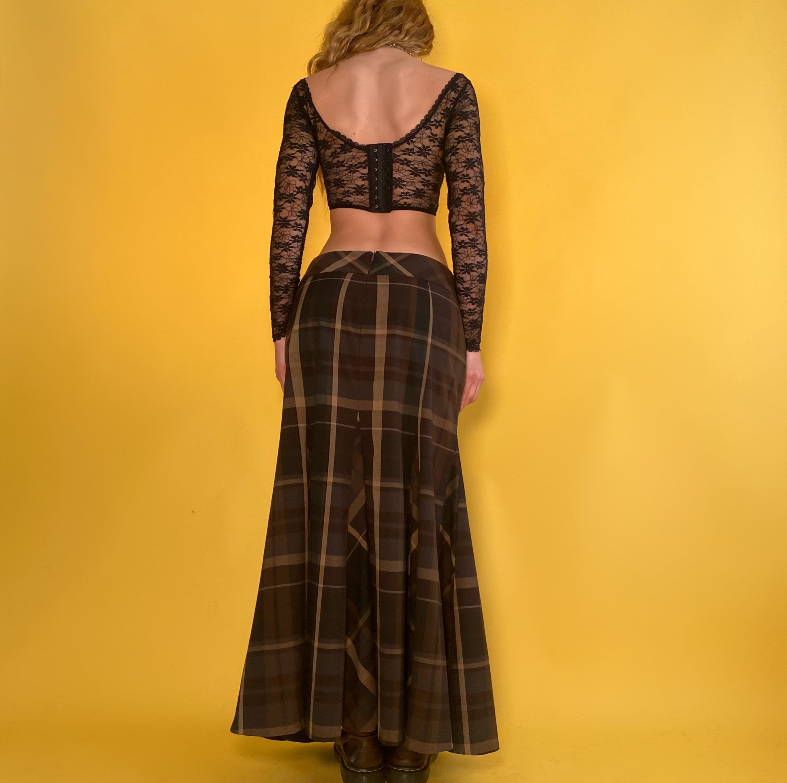 Low Rise Long Plaid Skirt
