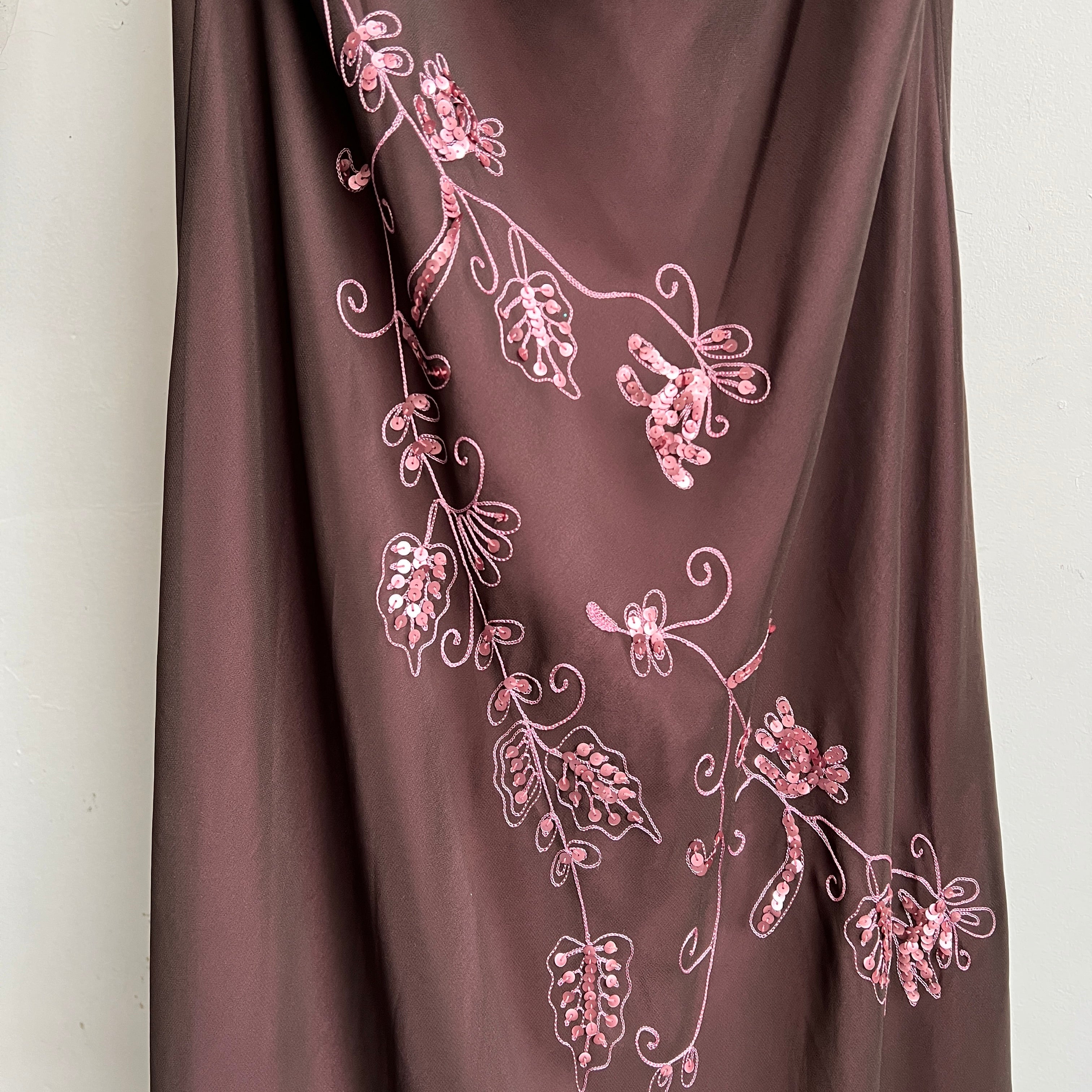 90s brown embroidered pink maxi dress (XL)