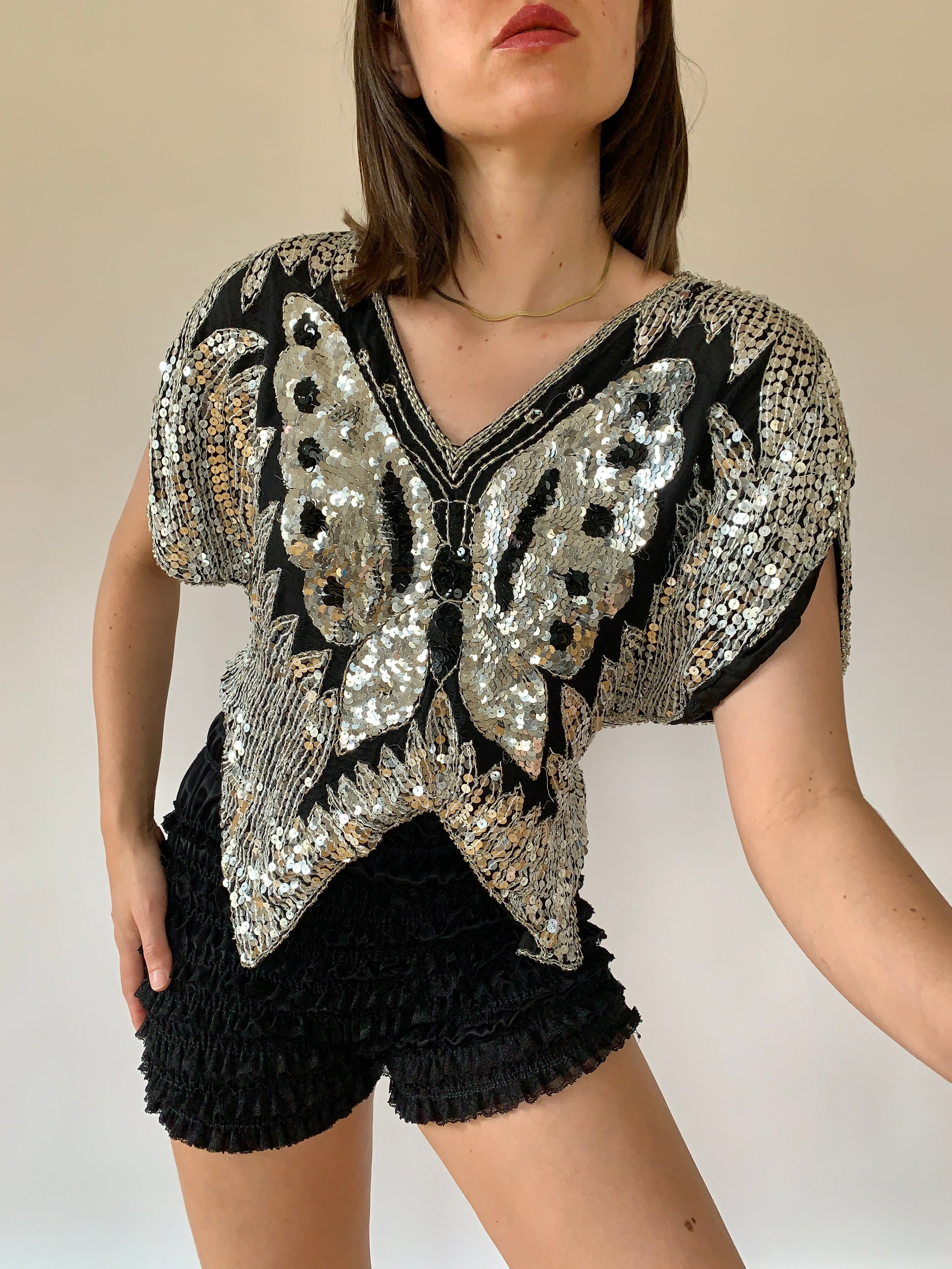 Vintage Butterfly Sequin Blouse - Small