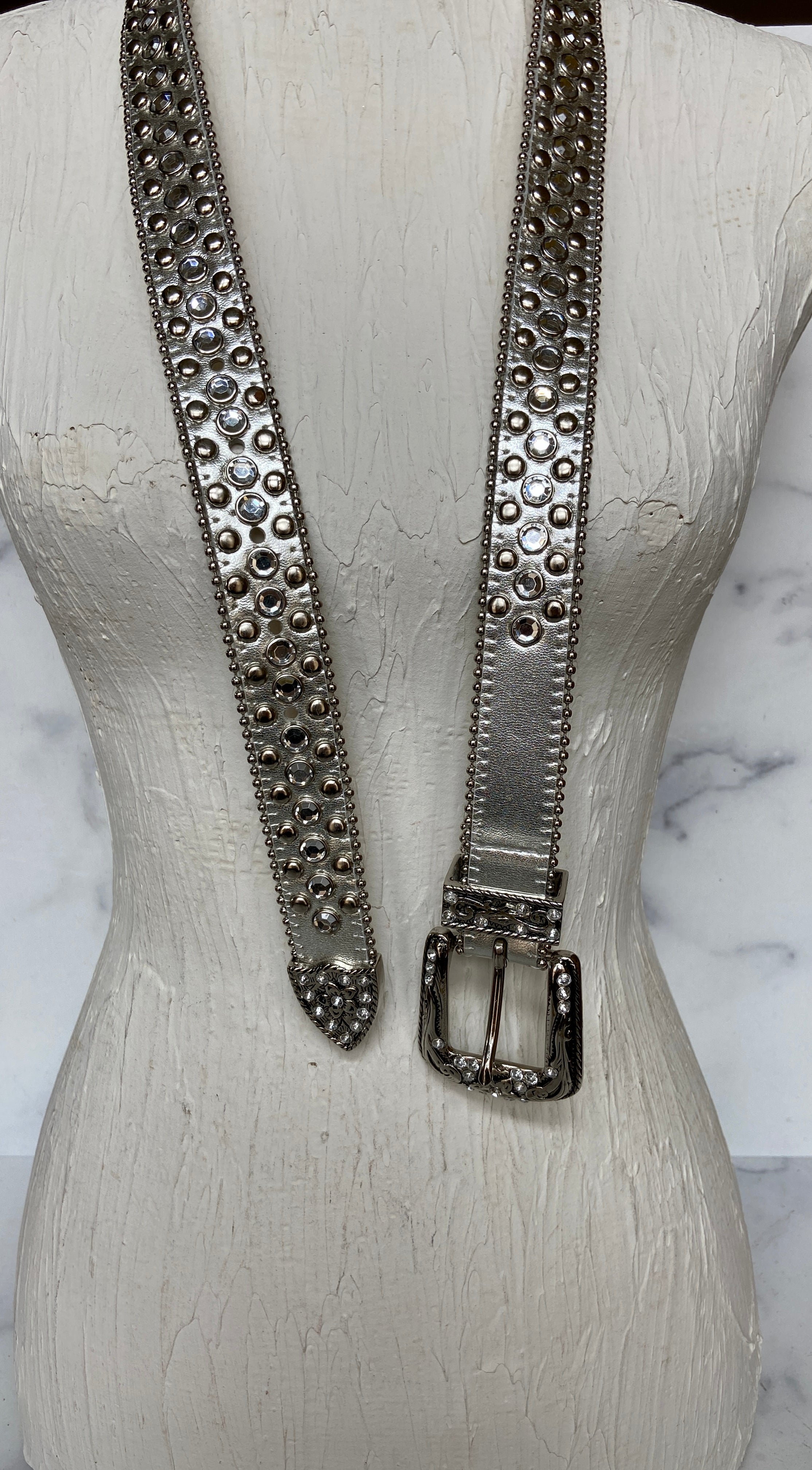 Silver Rhinestone Decor Geometric Buckle Belt