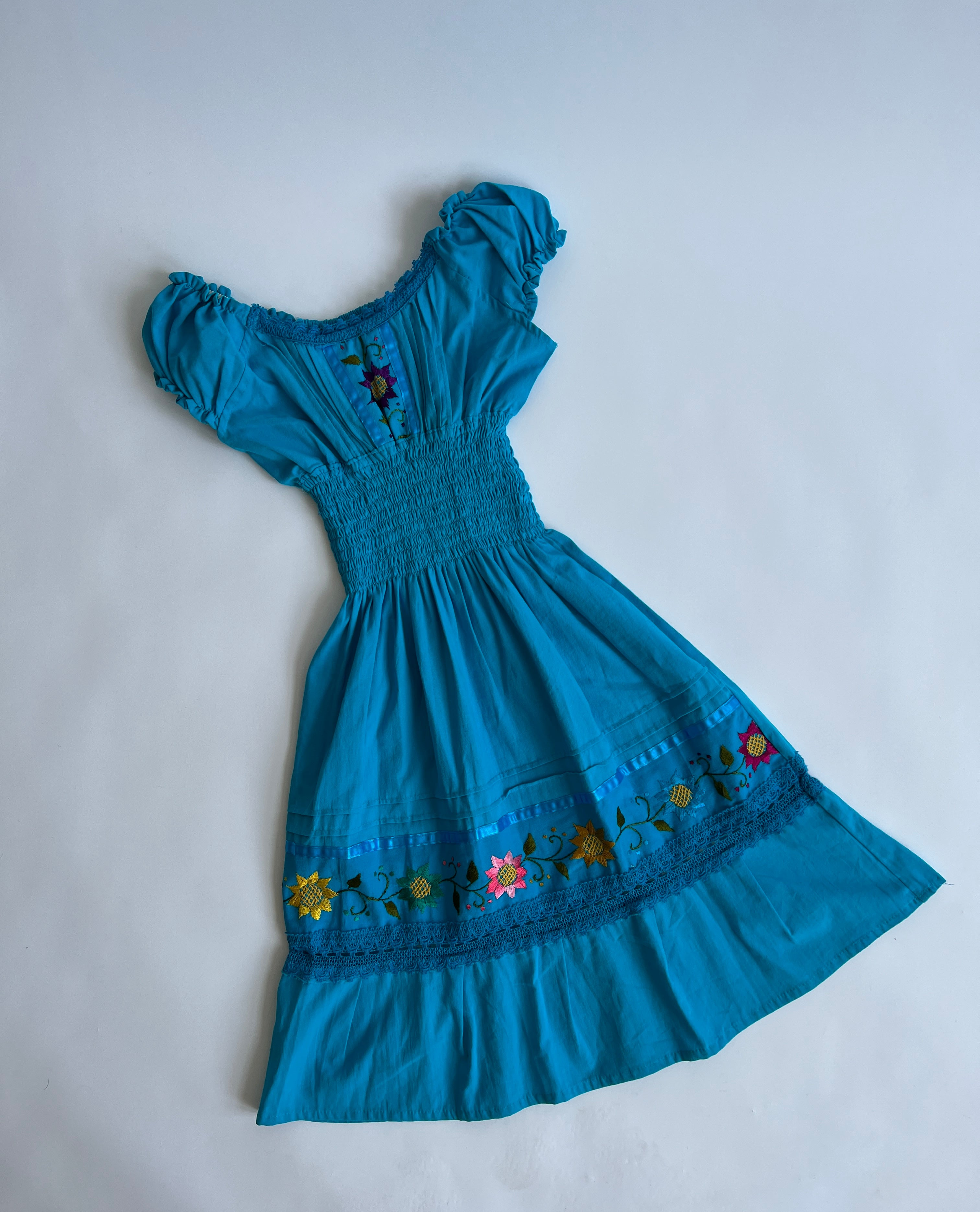 Vintage blue floral embroidered cottage dress- XS/S