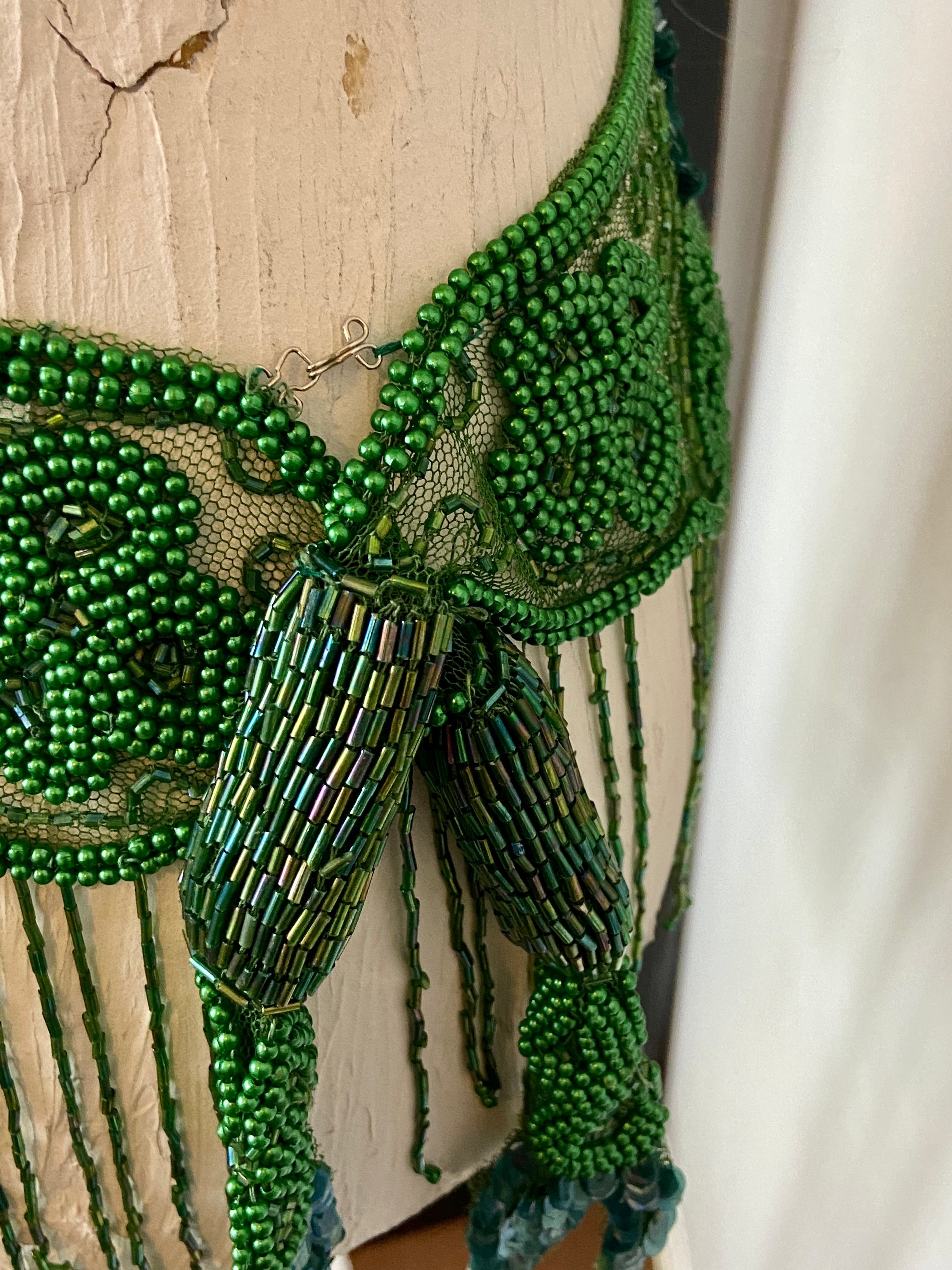 Green Glass Beaded Fringe & Sequin Shrug