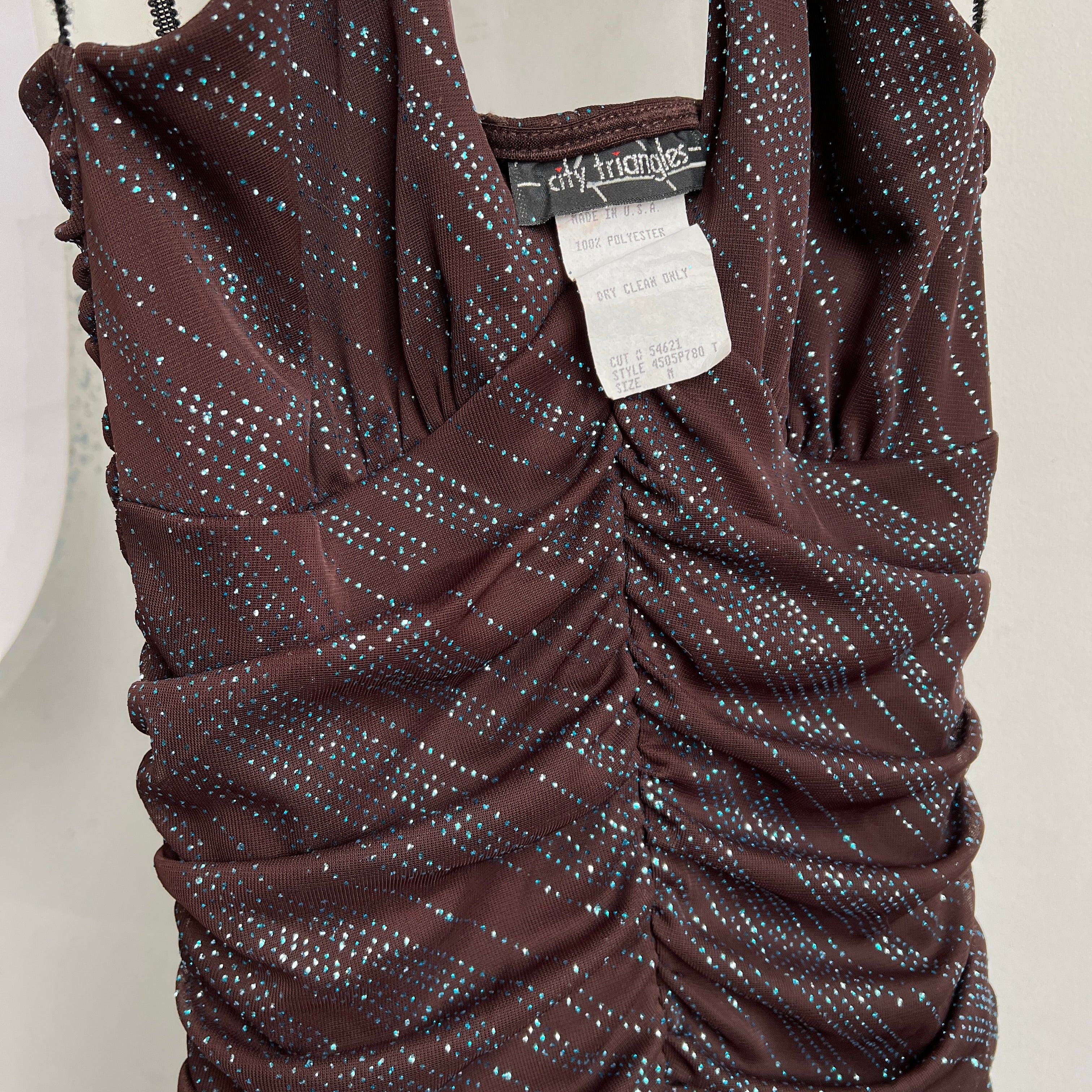 Y2K Brown blue glitter halter dress (S/M)