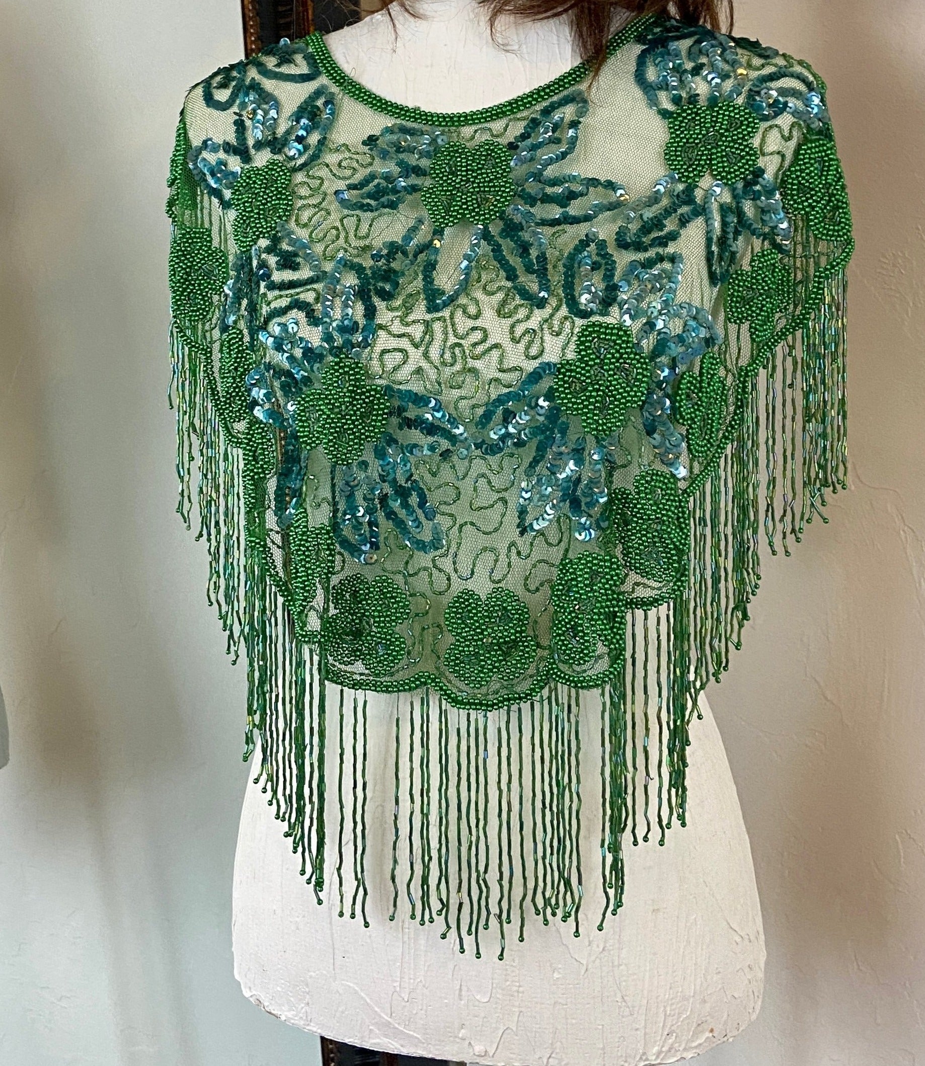 Green Glass Beaded Fringe & Sequin Shrug