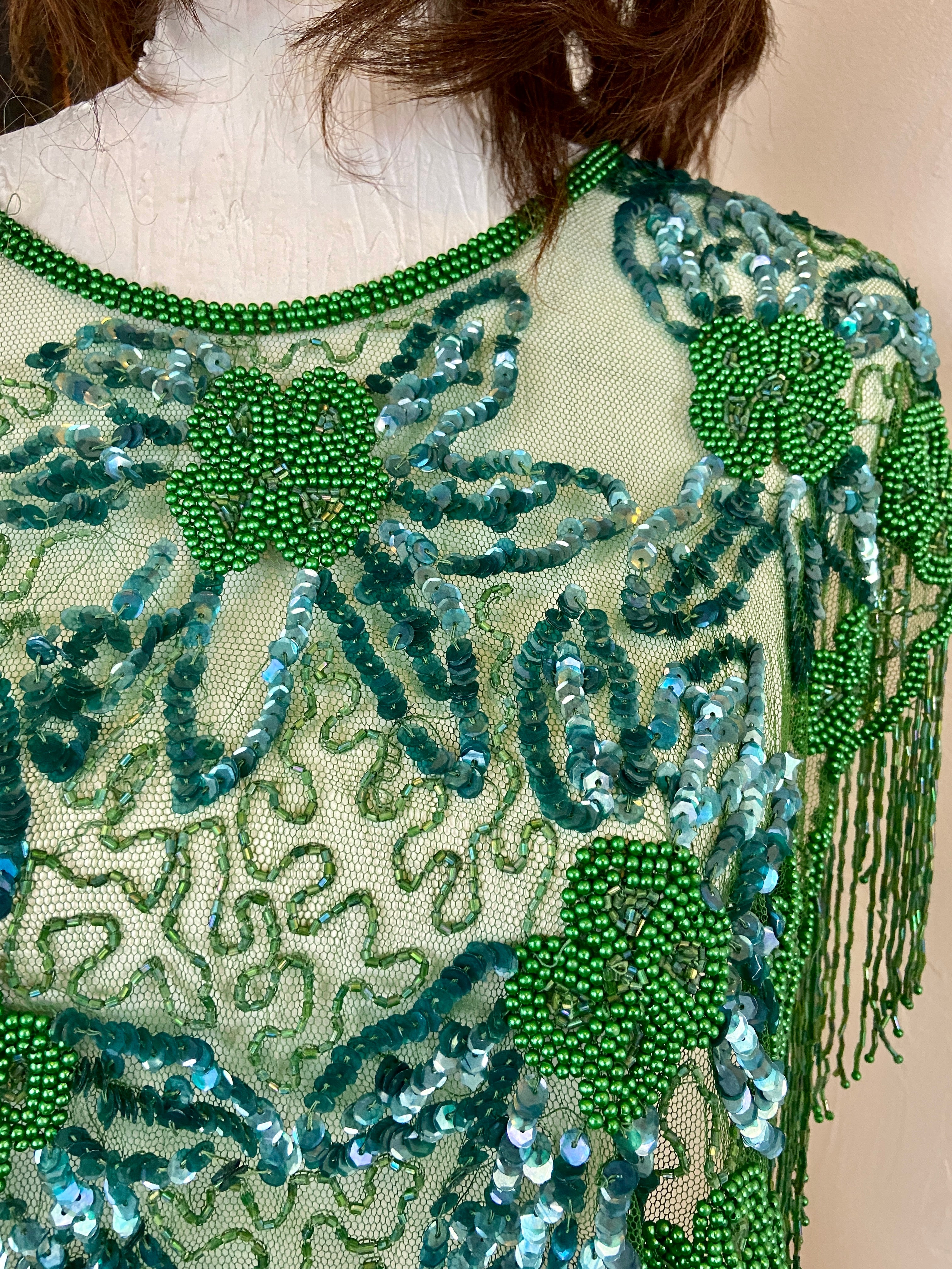 Green Glass Beaded Fringe & Sequin Shrug
