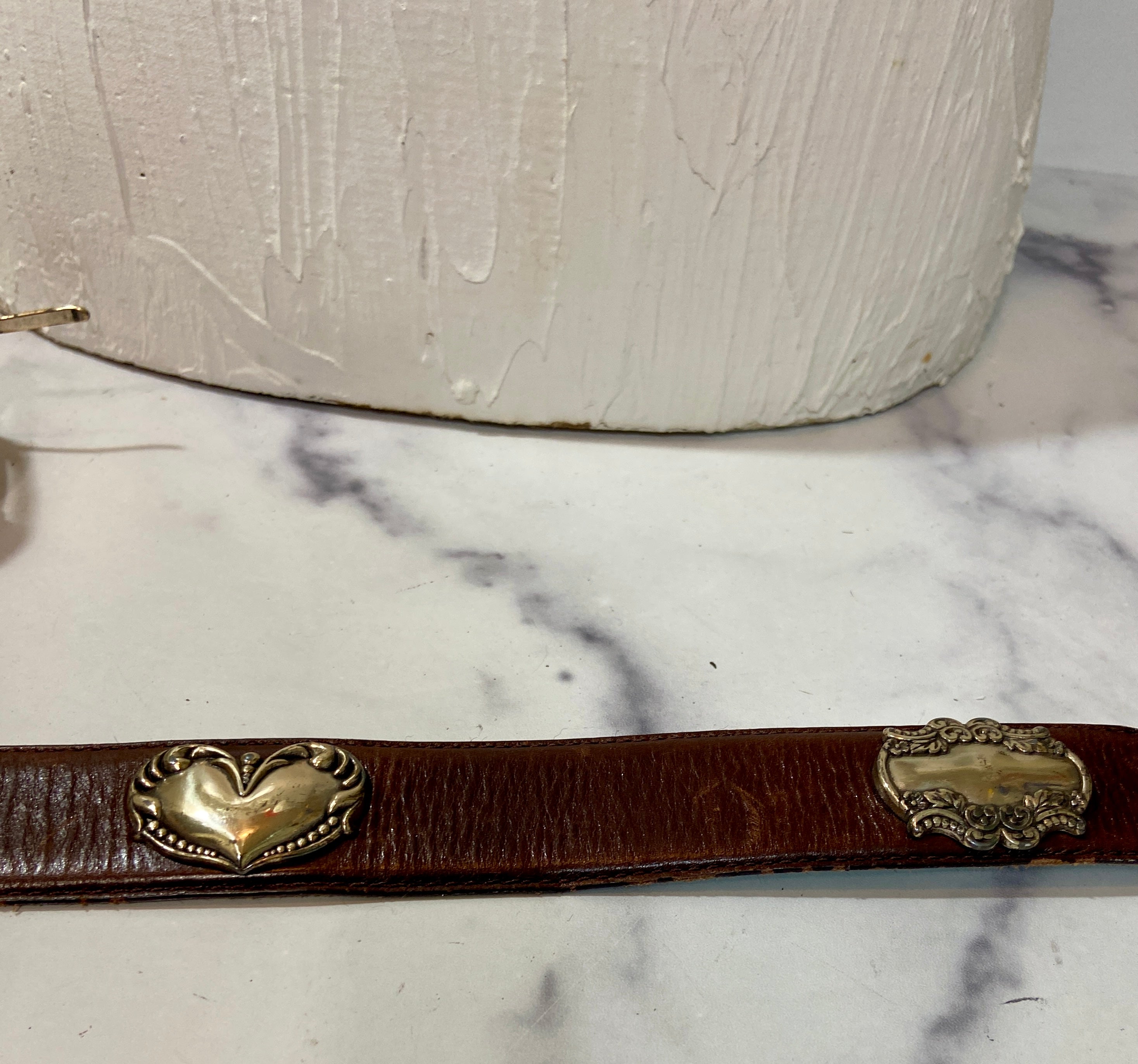 Vintage Brown Leather Belt with Silver Medallions
