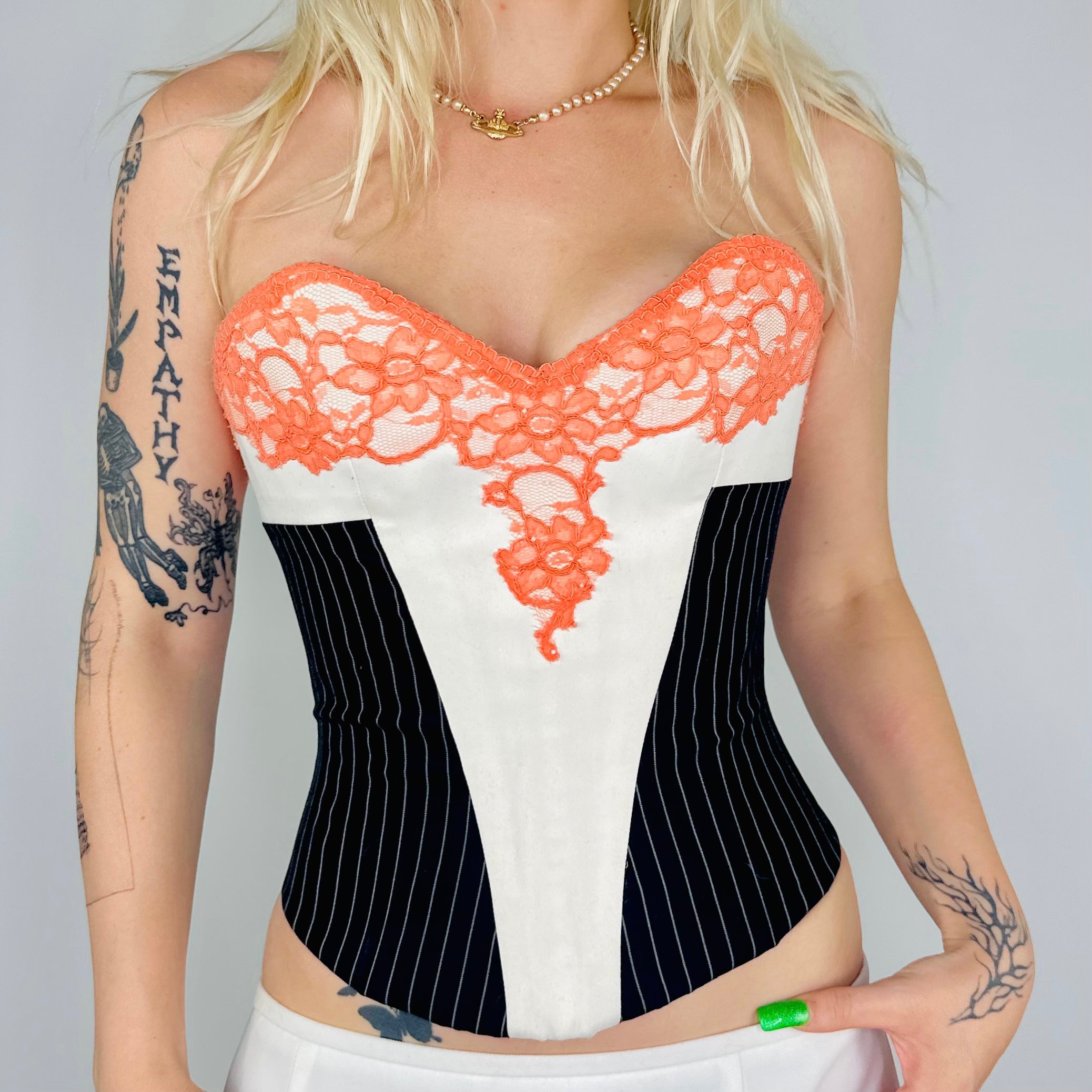 Handmade Pinstripe + Lace Corset