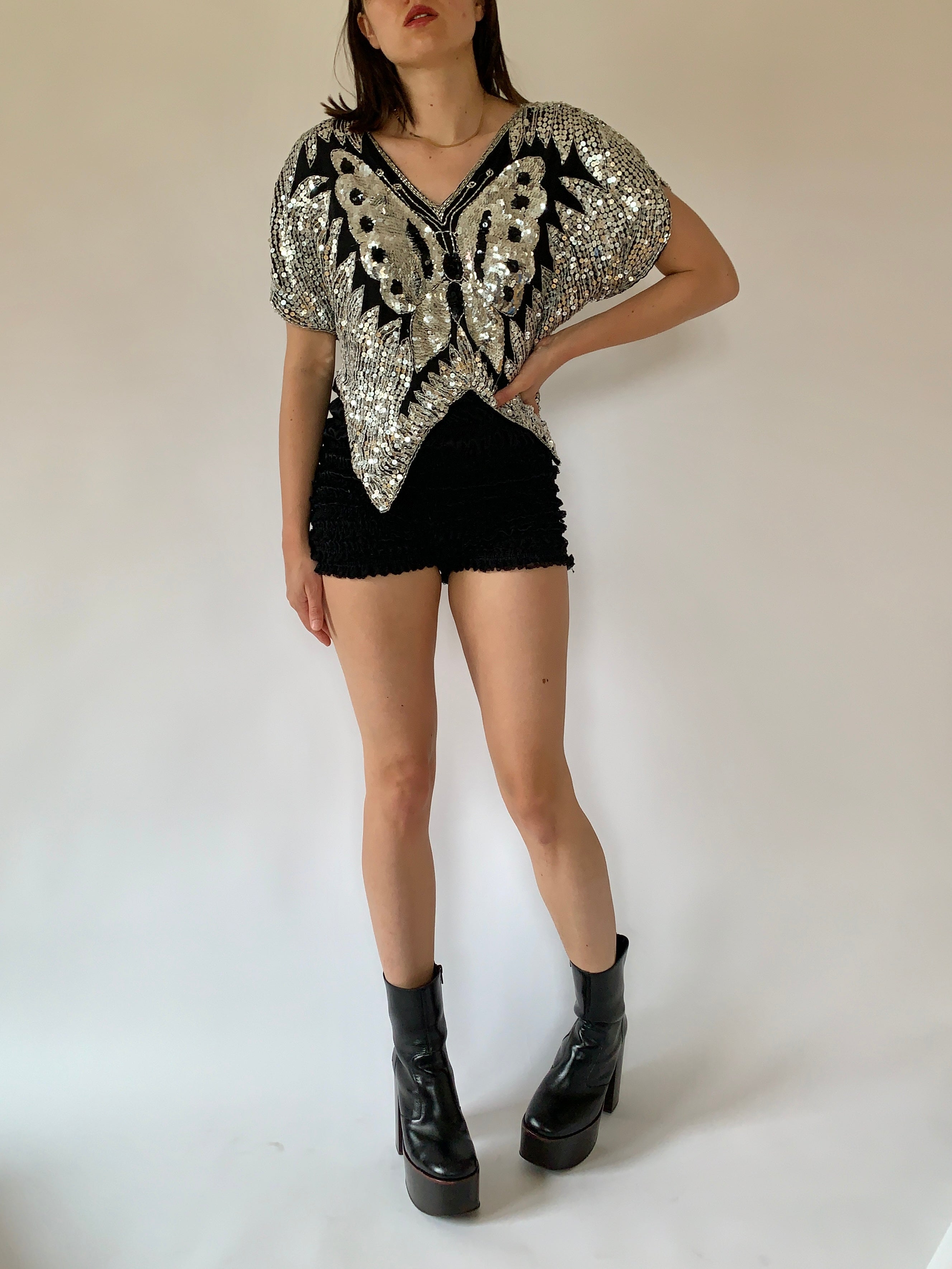Vintage Butterfly Sequin Blouse - Small