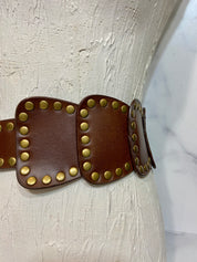 Wide High Waist Full Grain Leather Studed Link Belt