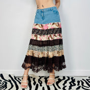 Denim Patchwork Boho Maxi Skirt